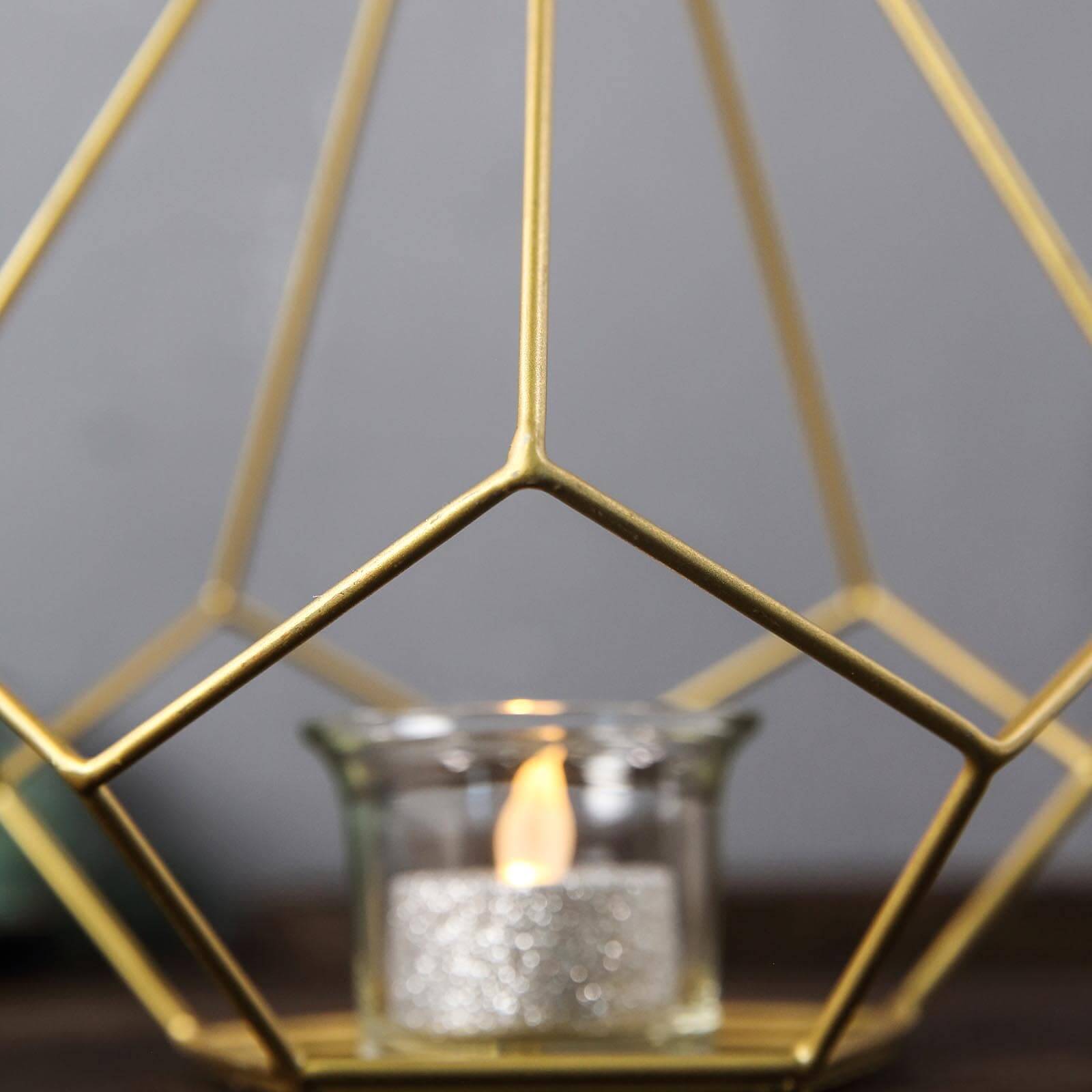 2-Pack Tealight Candle Holders Gold Metal Pentagon Geometric Open Frame - Flower Stand 9"