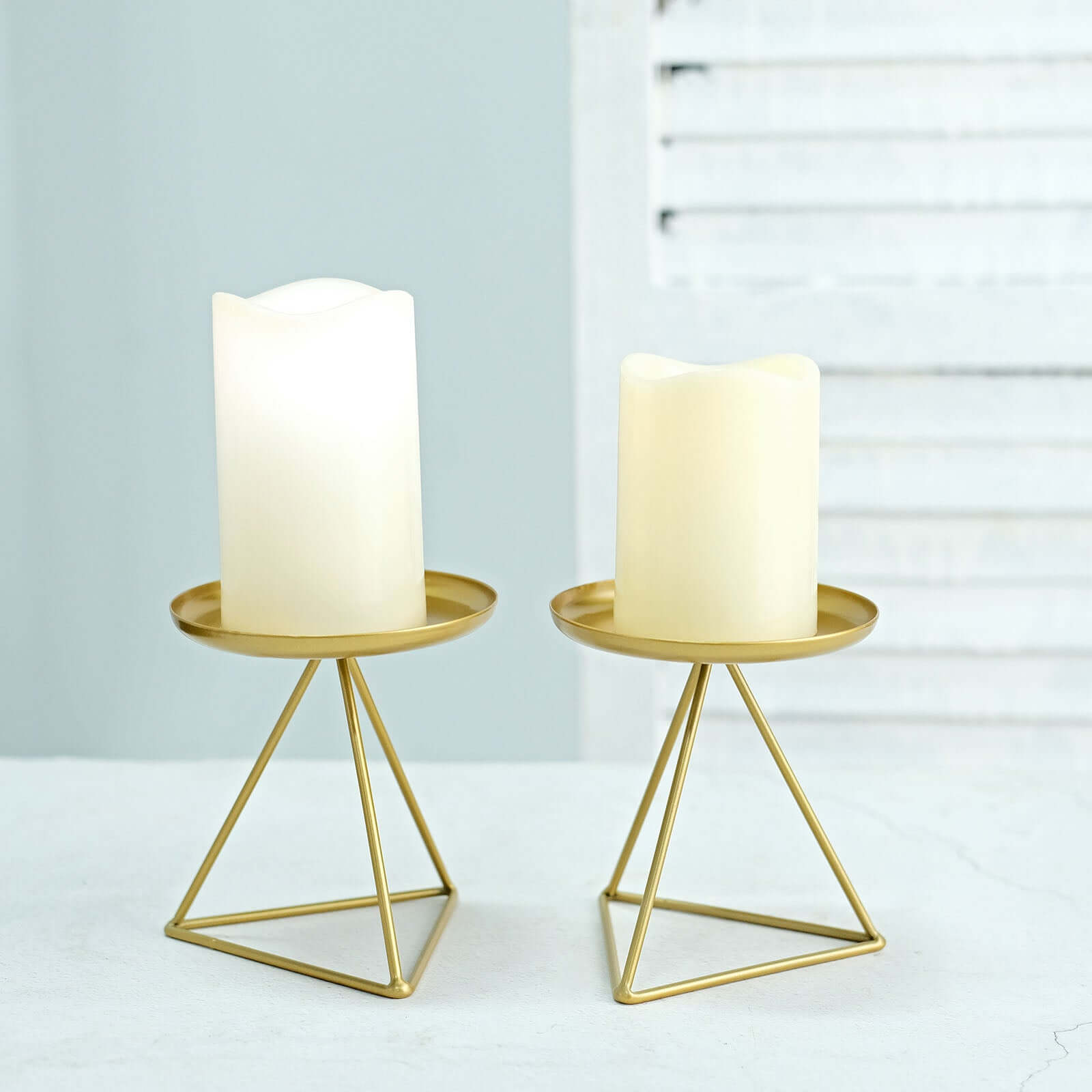 2-Pack Pillar Candle Holders Gold Metal Geometric Triangle Base Design - Decorative Centerpiece 5"