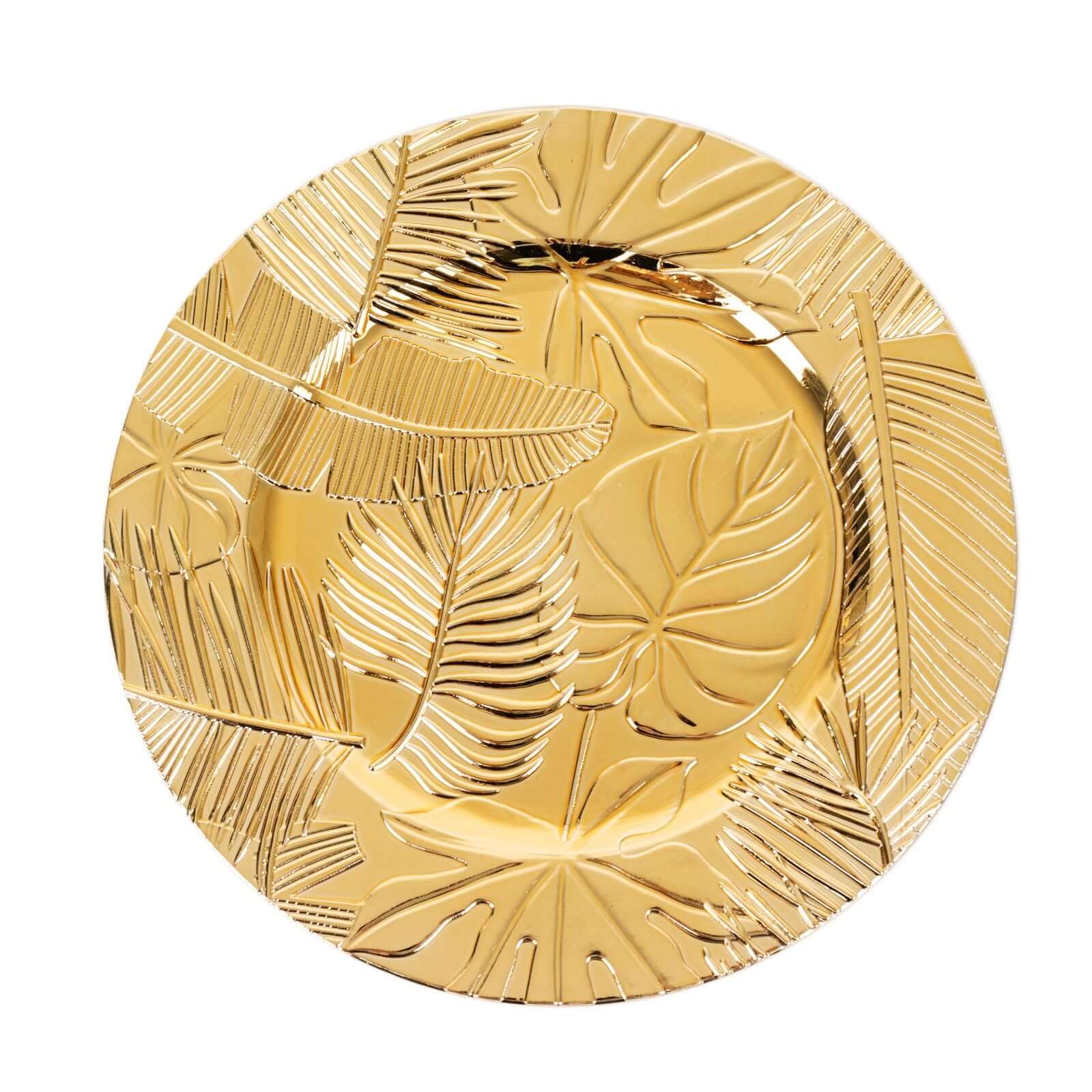 6-Pack Acrylic Round Charger Plates 13" in Metallic Gold with Embossed Tropical Leaves, Decorative Dinner Charger Tableware