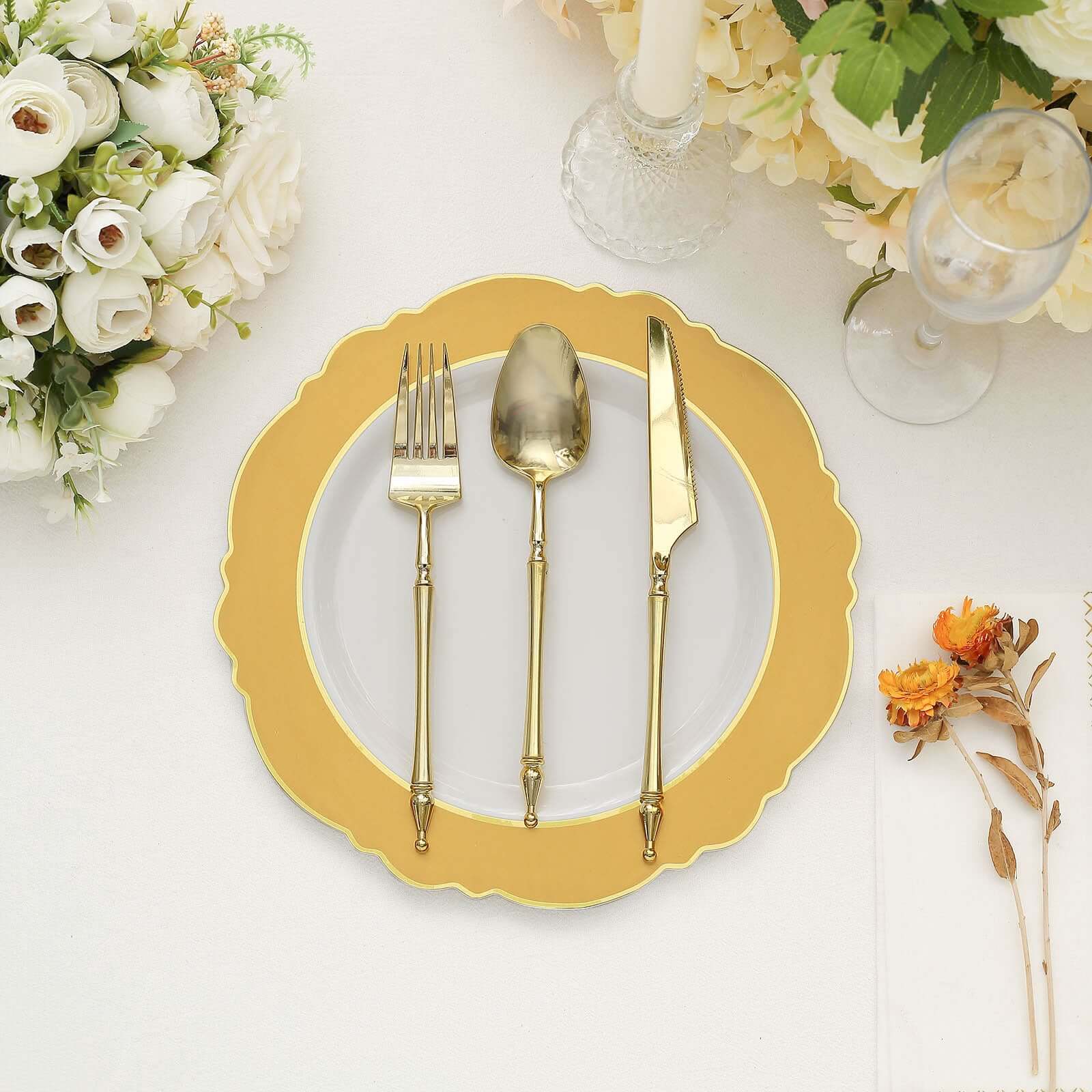 10-Pack Plastic 10" Round Dinner Plates in White with Gold Blossom Design & Gold Edging - Disposable Party Plates for Modern & Classy Table Decor