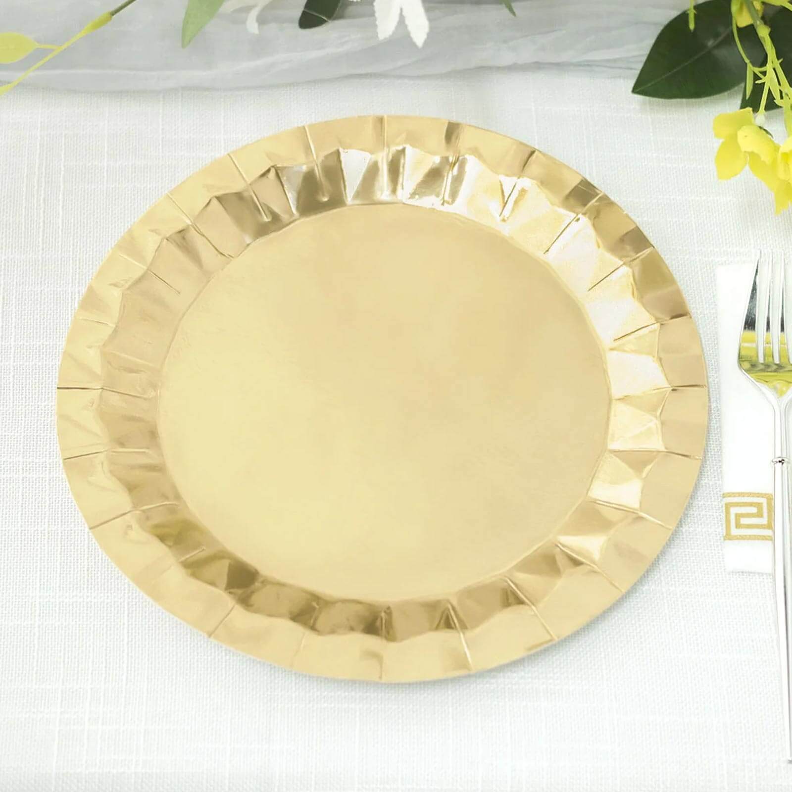 25-Pack Paper 9" Round Dinner Plates in Metallic Gold with Geometric Prism Rim - Disposable 400GSM Party Plates for Banquets & Celebrations