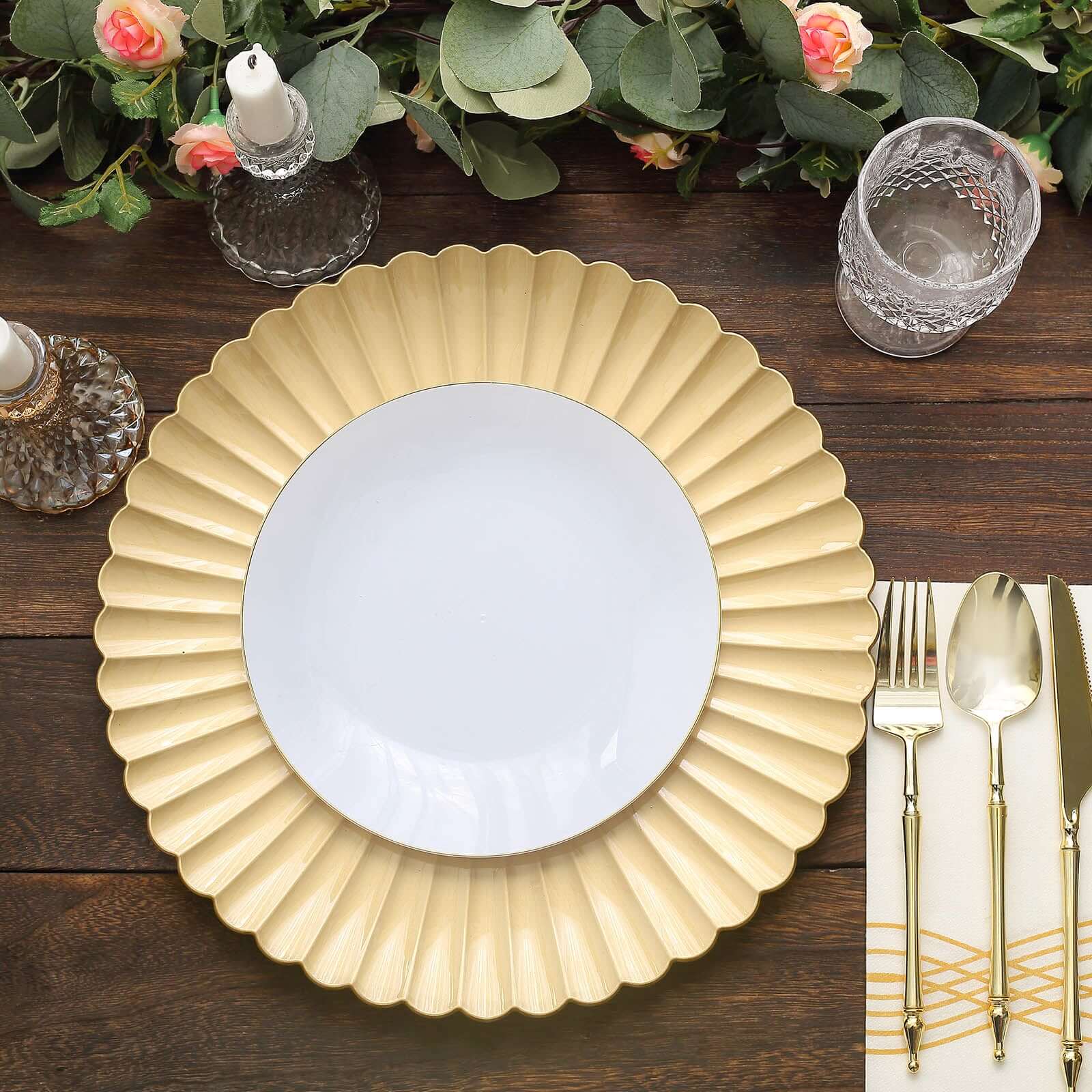 6-Pack Plastic Round Charger Plates 13" in Gold with Scalloped Shell Pattern, Coastal Inspired Disposable Charger Tableware