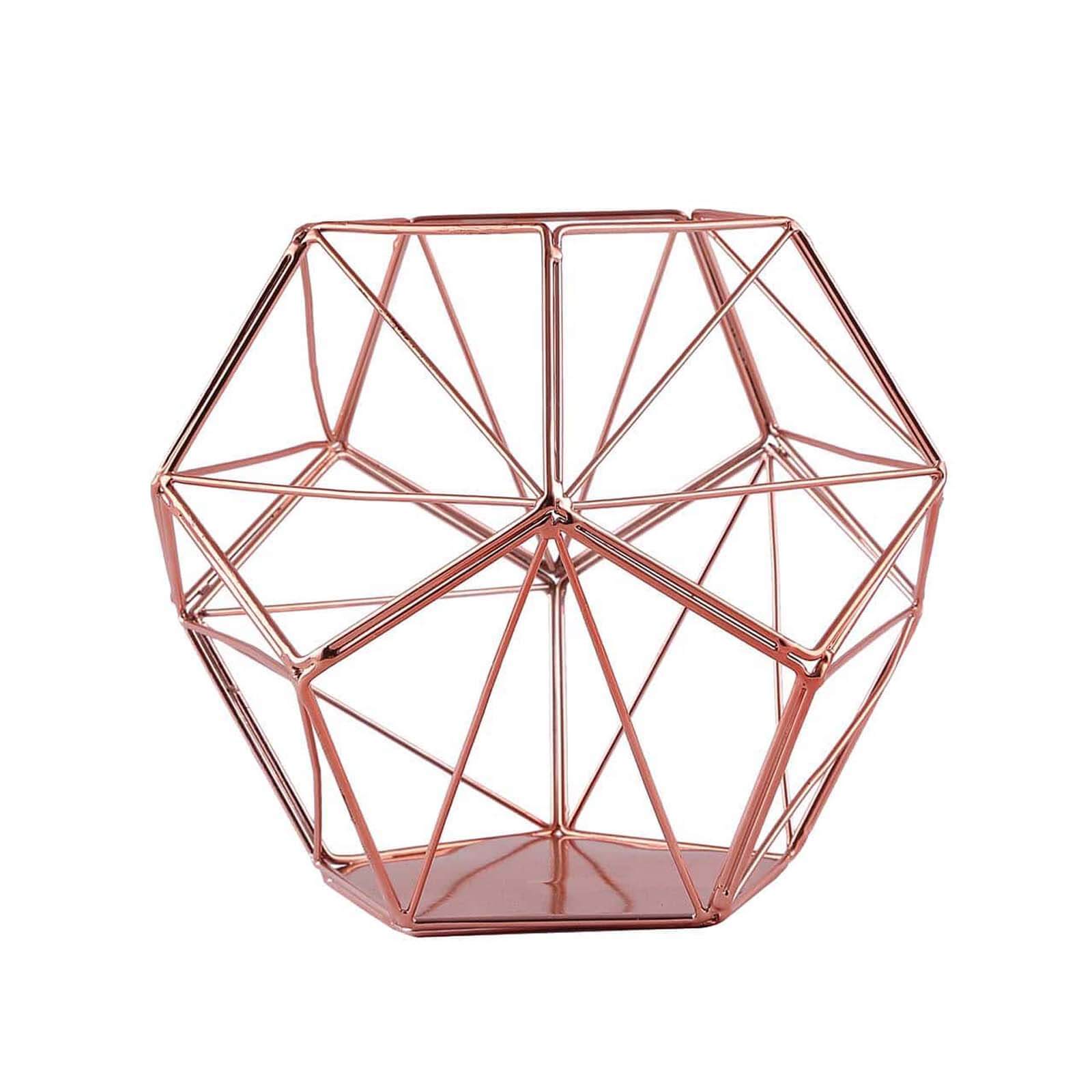 Tealight Candle Holder Rose Gold Metal Pentagon Prism Geometric Open Frame - Flower Stand 7"