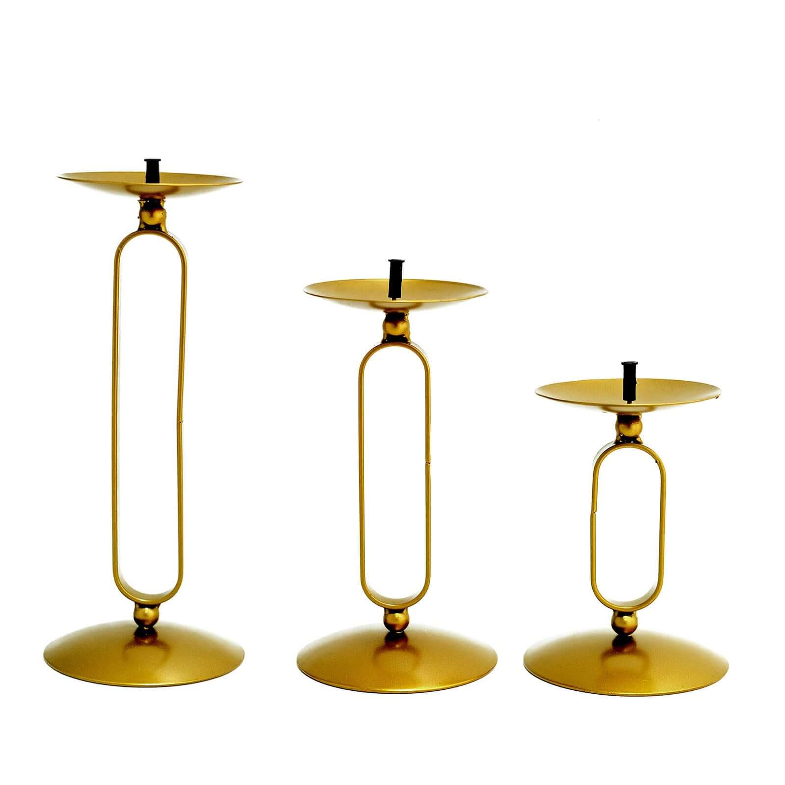 Set of 3 Pillar Candle Holders Gold Metal Geometric Oval Frame Design - Modern Centerpiece Assorted Sizes