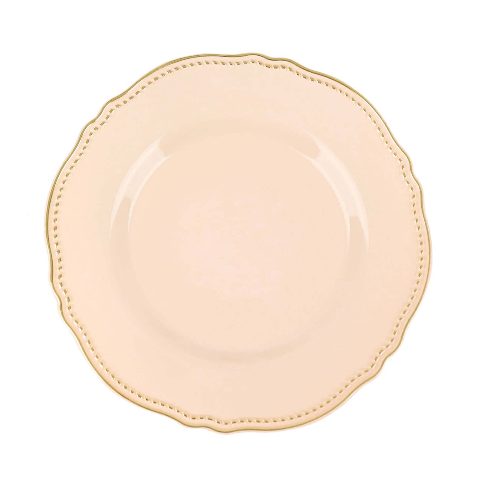 10-Pack Plastic 10" Dinner Plates in Nude with Gold Scalloped Rim - Disposable Large Party Plates