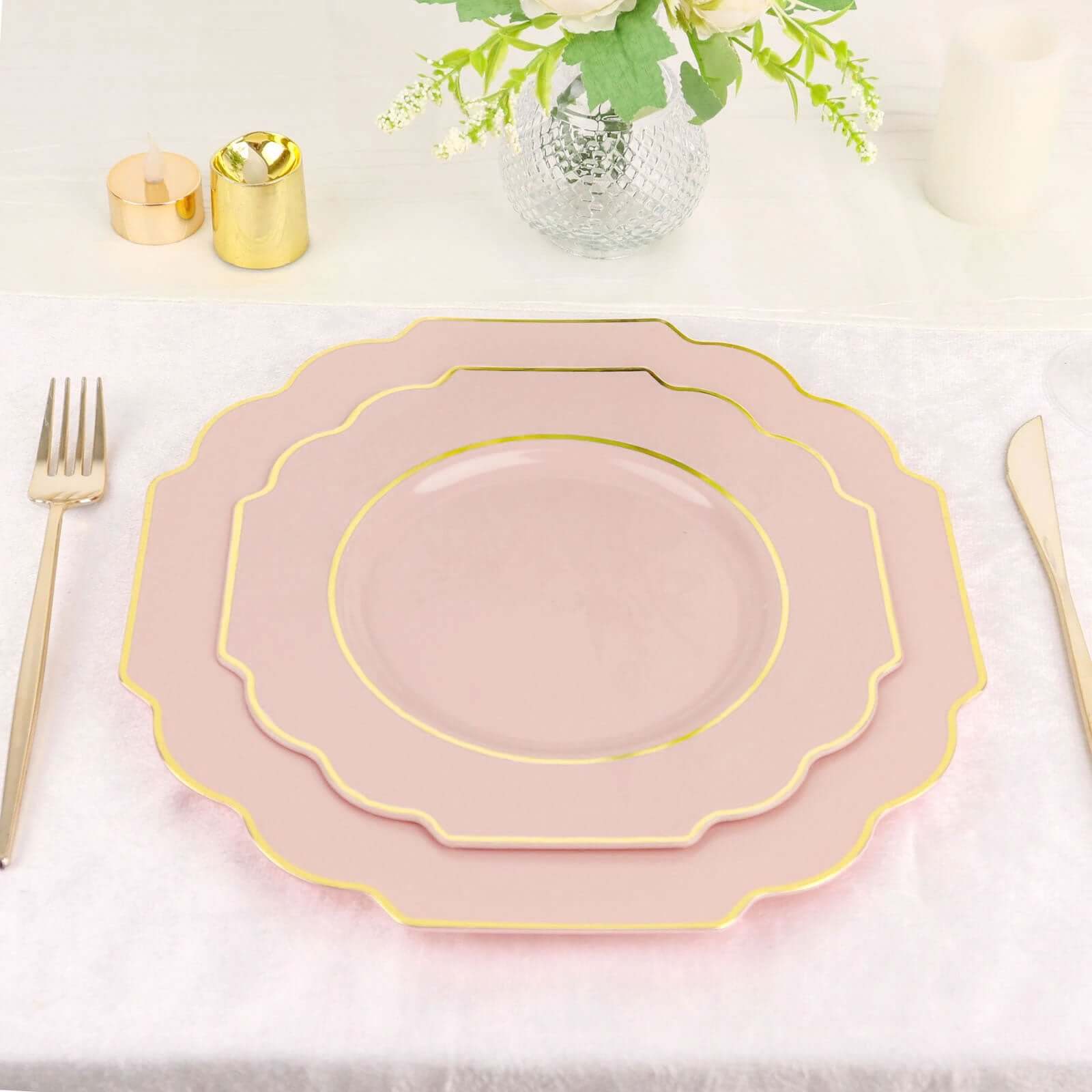 10-Pack Plastic Dessert Appetizer Plates in Blush Baroque Design with Scalloped Gold Rim - Heavy Duty Disposable Salad Plates 8"