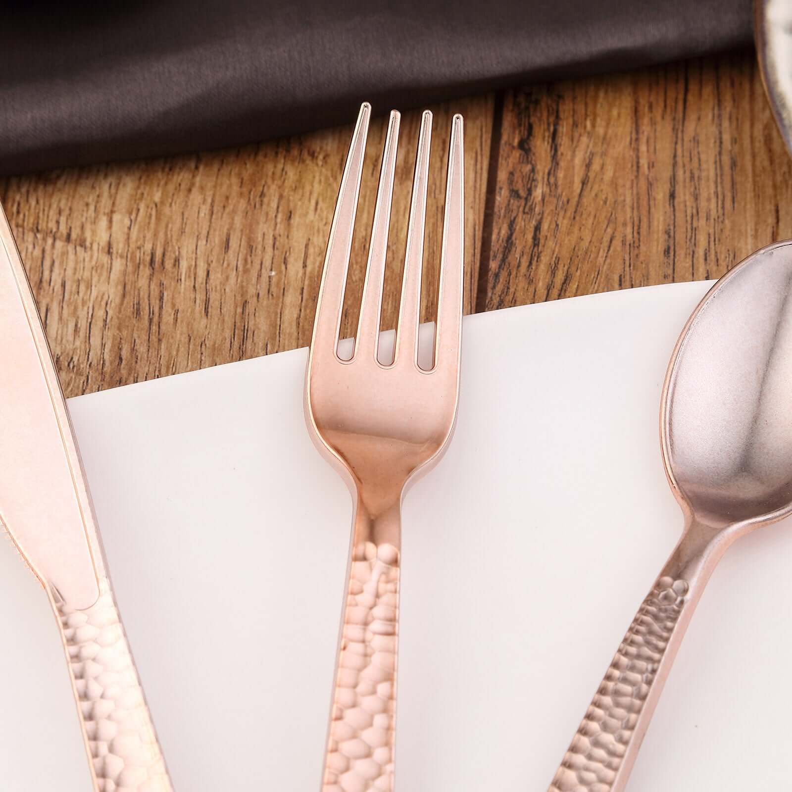 24-Pack Plastic Forks with Hammered Style Rose Gold - Heavy Duty Disposable Silverware 7"