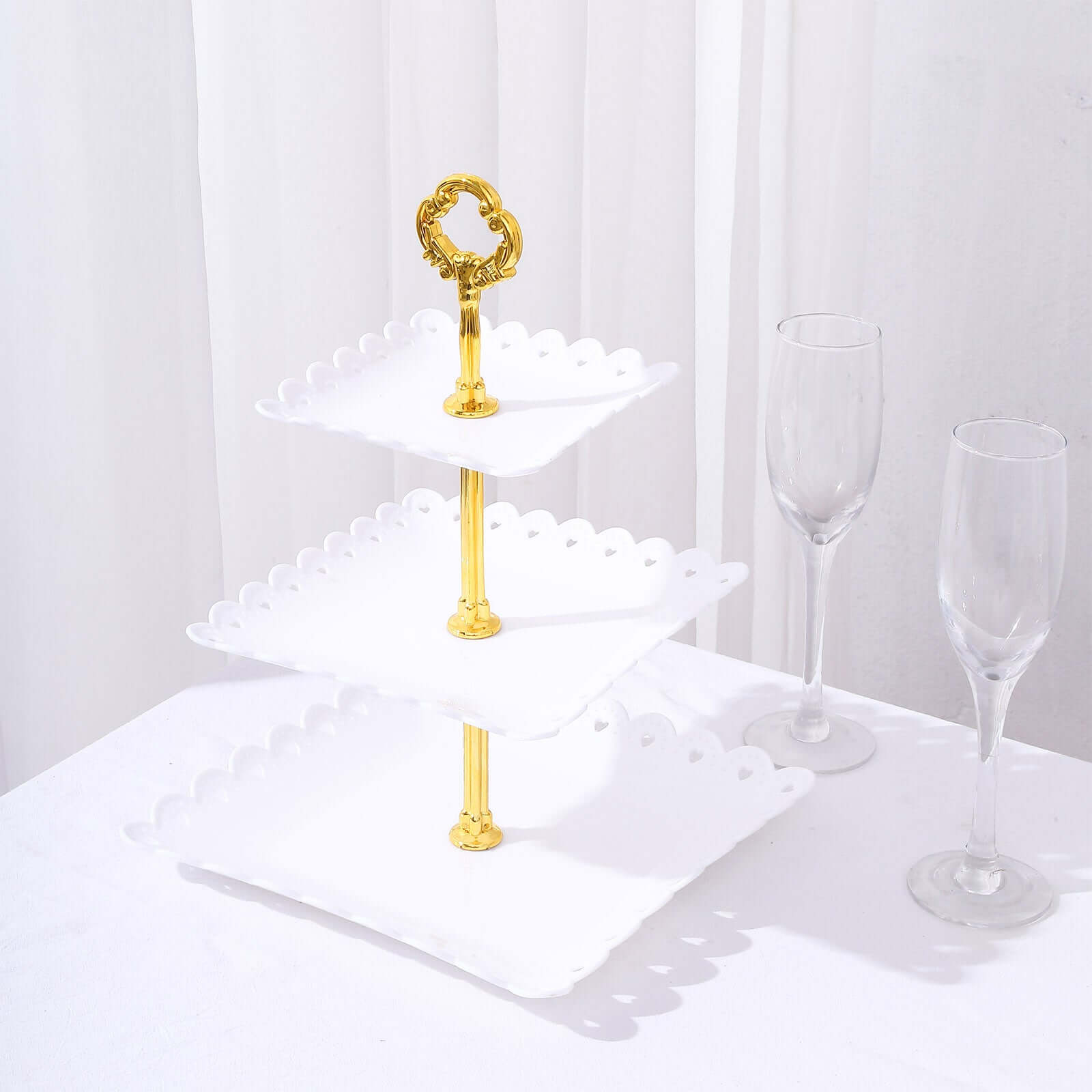 3-Tier Plastic Square Cupcake Stand Tower White - Charming Disposable Dessert Display Serving Tray Platter with Heart Wavy Edge & Gold Top Handle for Tea Parties Weddings & Special Occasions 13"