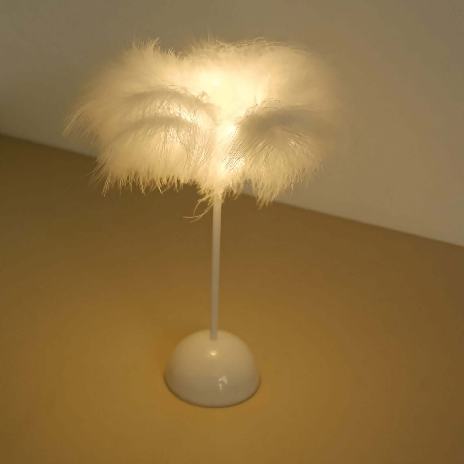 Table Lamp Feather Design White LED Battery Operated - Cordless Wedding Centerpiece 15"
