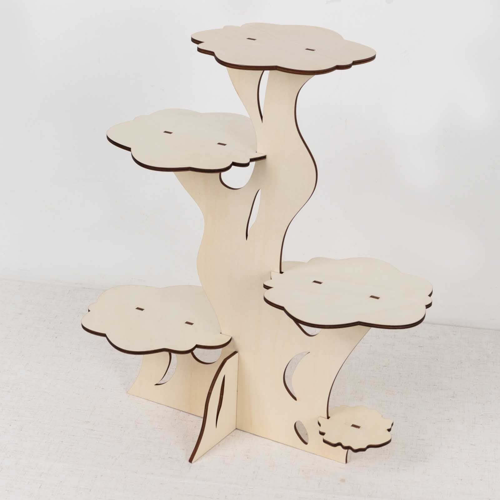 5-Tier Wooden Cake Stand Natural Tree Tower Design with Laser Cut Details - Rustic Cupcake Dessert Display 19" Tall