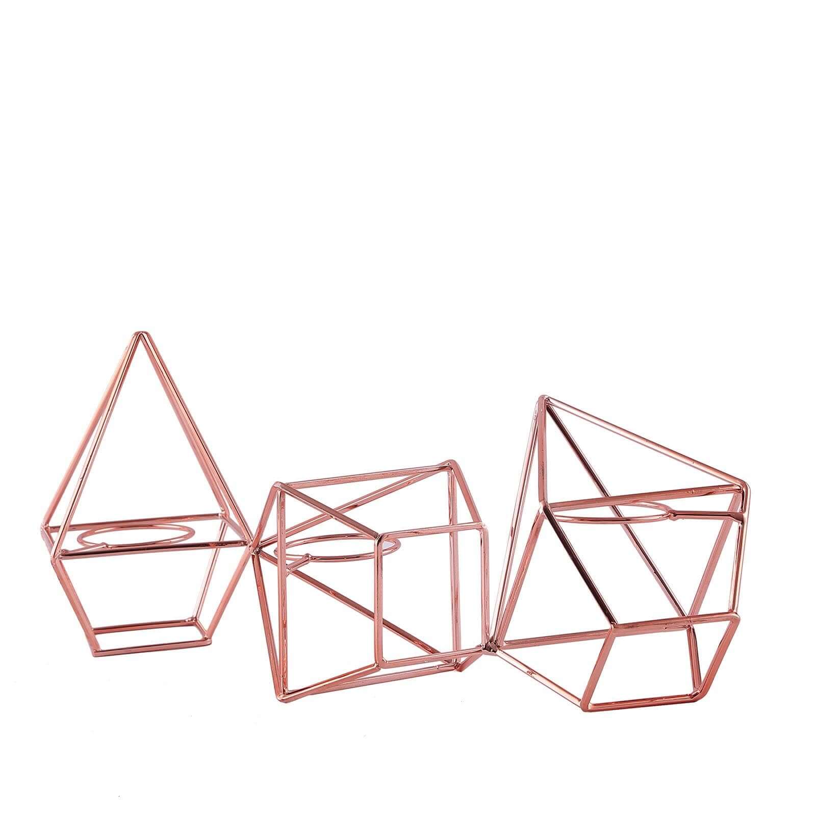 Set of Metal Candle Holders Linked Geometric Design Rose Gold - Modern Votive Glass Decor for Tables & Gatherings 16"