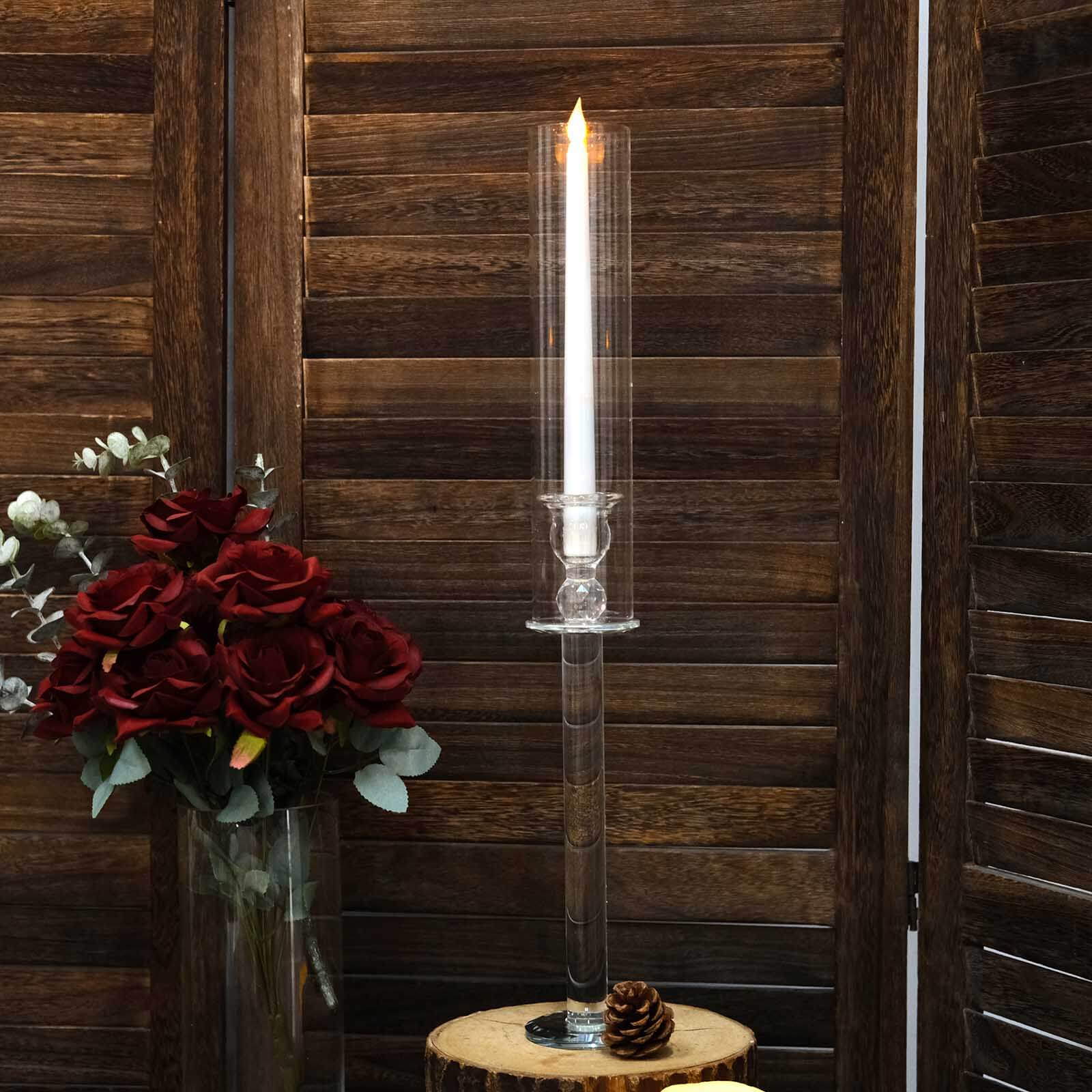 2-Pack Crystal Glass Hurricane Taper Candle Holders, Tall Decorative Candle Stands Clear Cylinder Chimney Tubes 22"