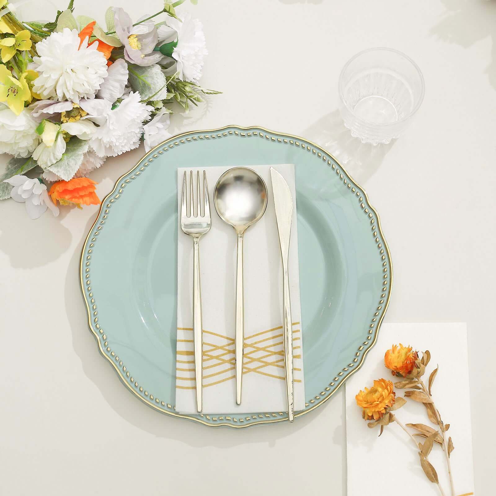 10-Pack Plastic 10" Dinner Plates in Jade with Gold Scalloped Rim - Disposable Large Party Plates