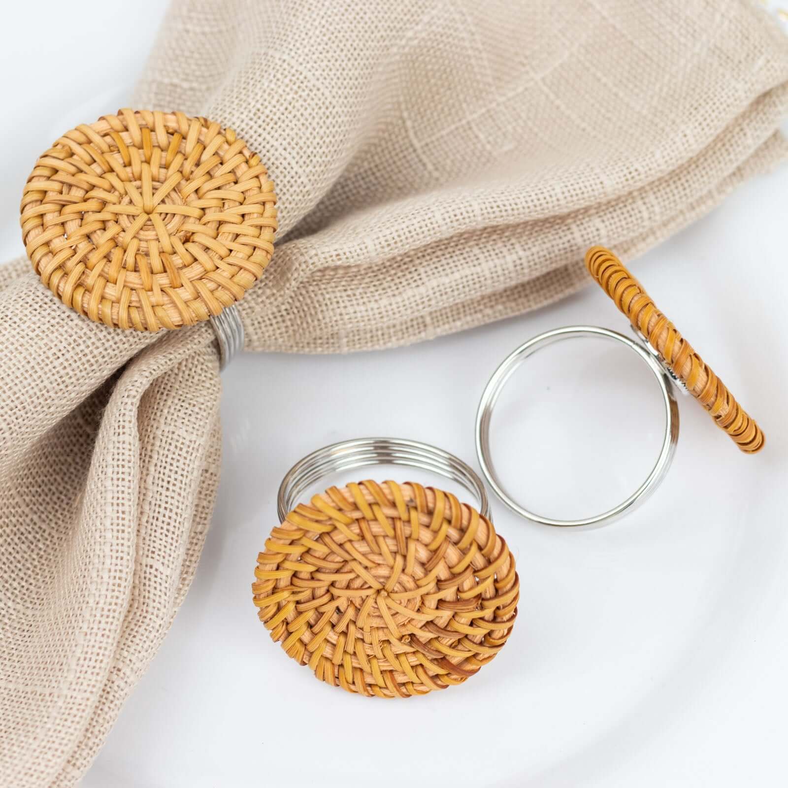 4 Pack 2" Natural Rustic Style Jute Rattan Metal Napkin Rings, Handmade Boho Chic Woven Serviette Buckle Holders