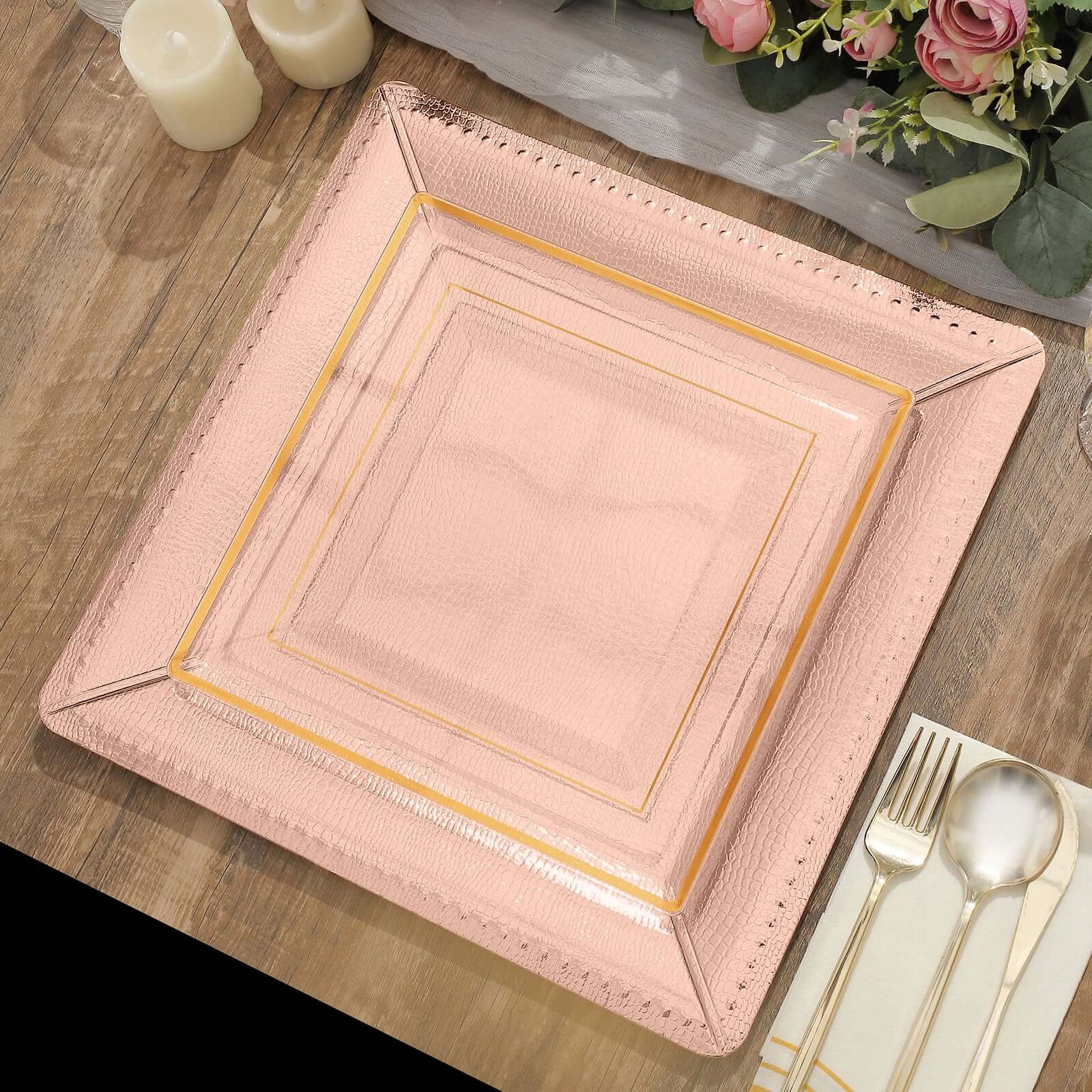 10-Pack Disposable Square Charger Plates in Rose Gold with Leather Like Texture - 1100GSM Durable Paper Chargers for Sophisticated Events 13"
