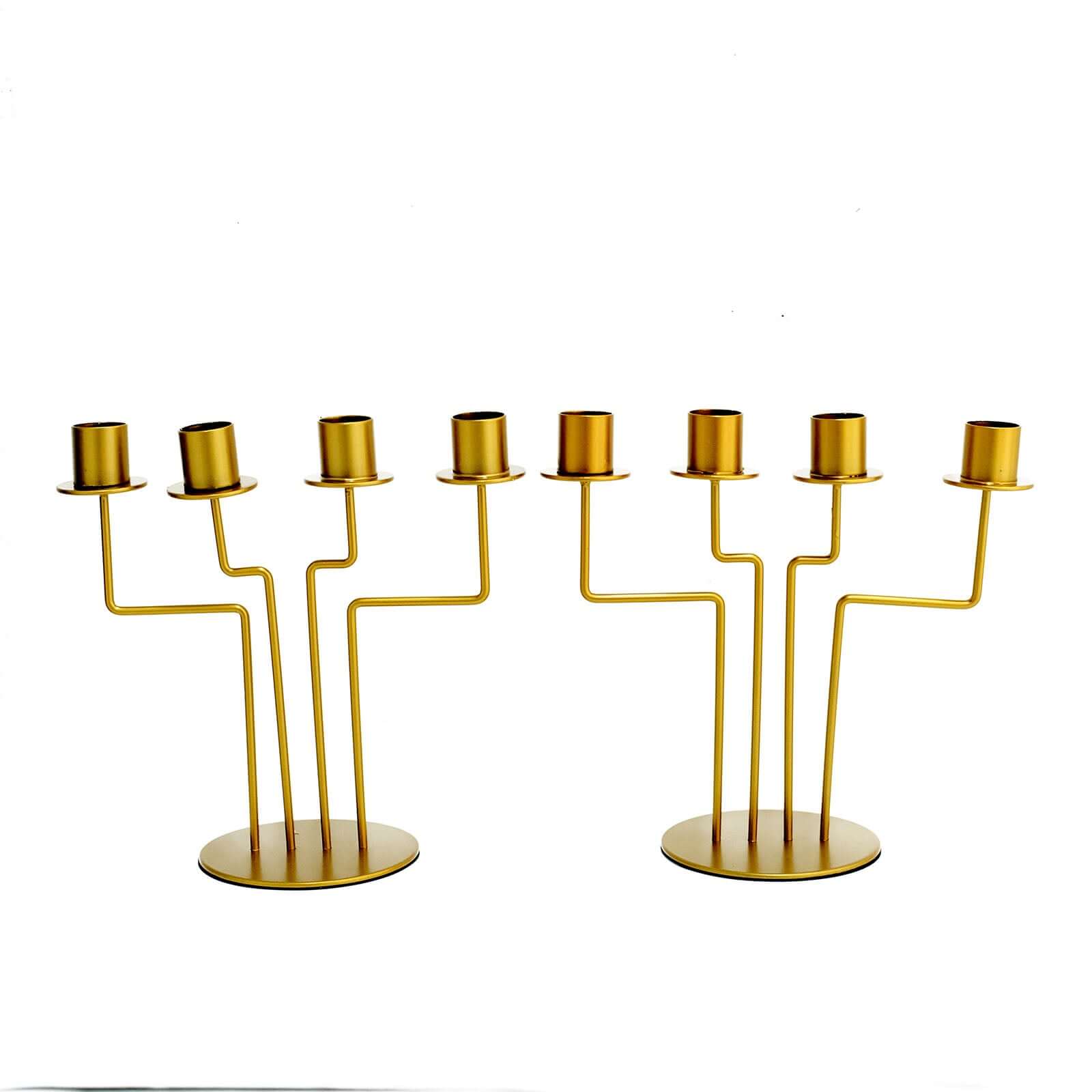 2-Pack Geometric Taper Candelabra 4 Arm Design Gold Metal Decorative Centerpiece - Perfect for Events 8"