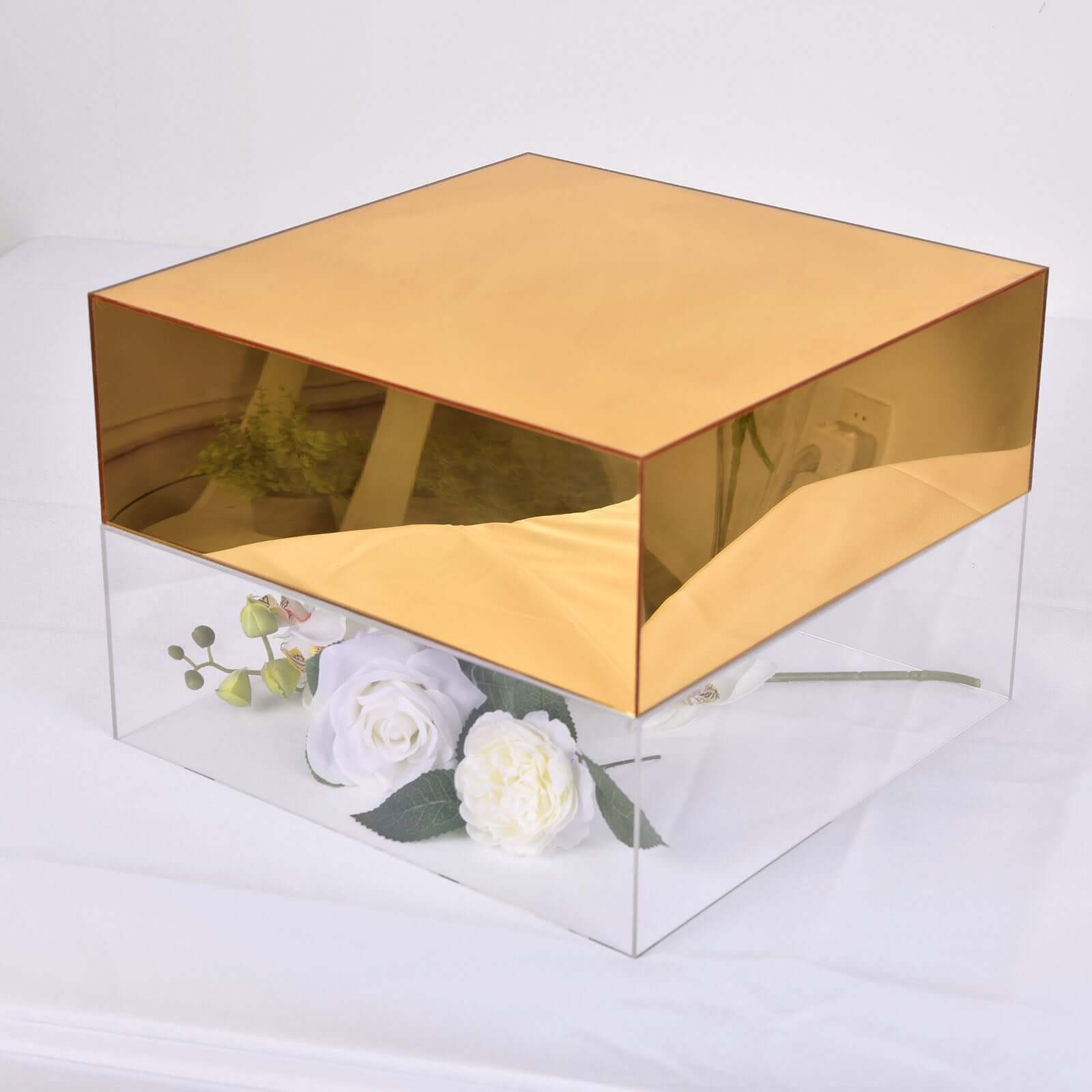 Acrylic Cake Box Stand Pedestal Riser Mirror Finish Gold - Display for Desserts and Events 14"x14"