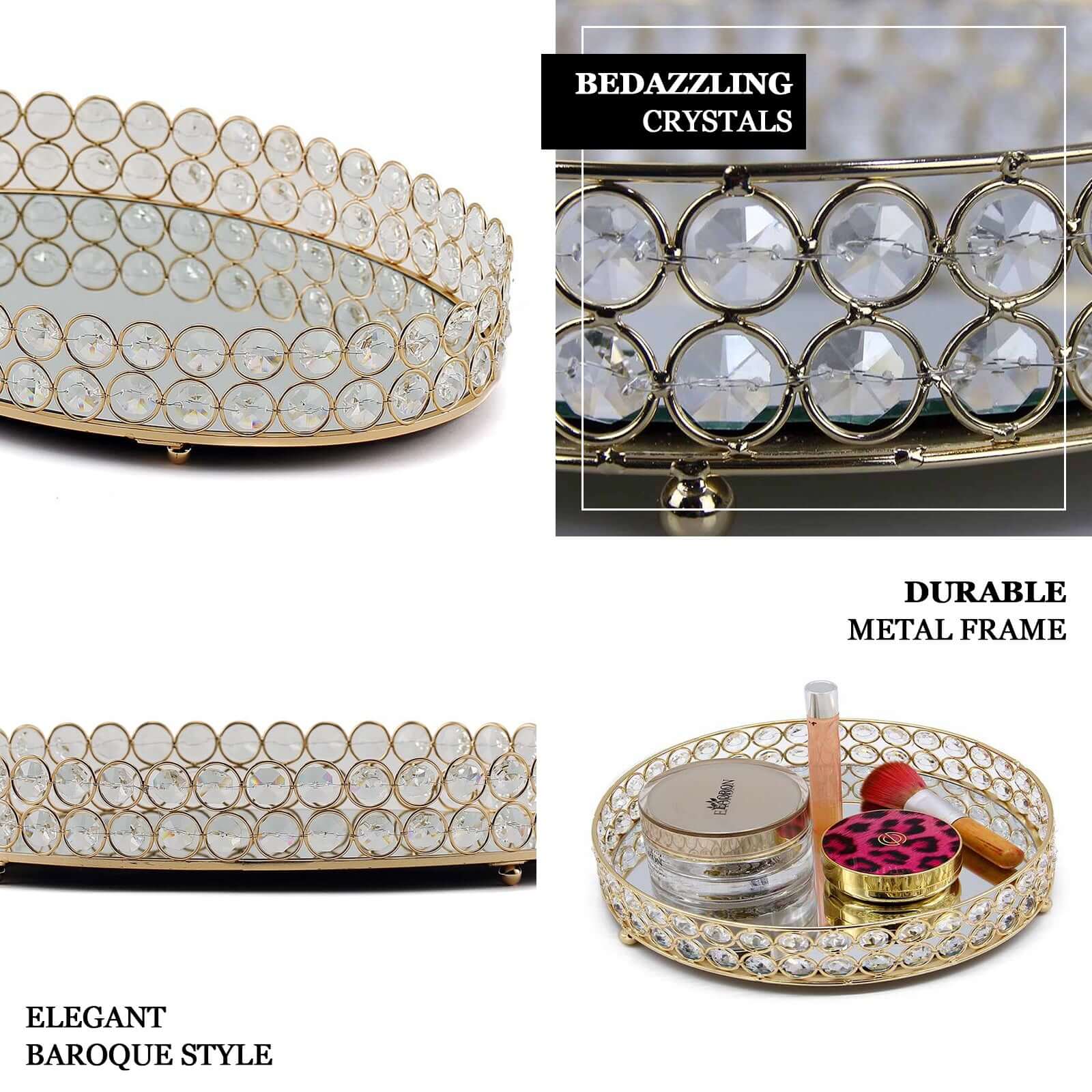 Set of 2 Metal Serving Trays 13", 9" Round Gold with Mirrored Top, Classy Decorative Vanity Tray Centerpiece