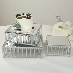 Set of 3 Silver Metal Crystal Pendant Cake Stands with Mirror Top, Stackable Square Dessert Display Trays - 7",10",12"