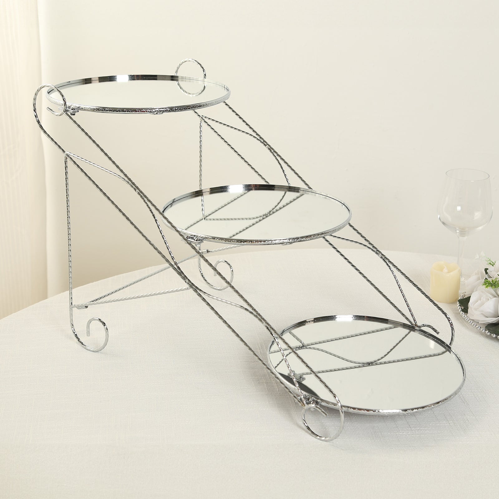 3-Tier Cake Stand Cascading Design with Round Mirror Trays Silver - Dessert Display and Serving Platter Metal 16"x19"