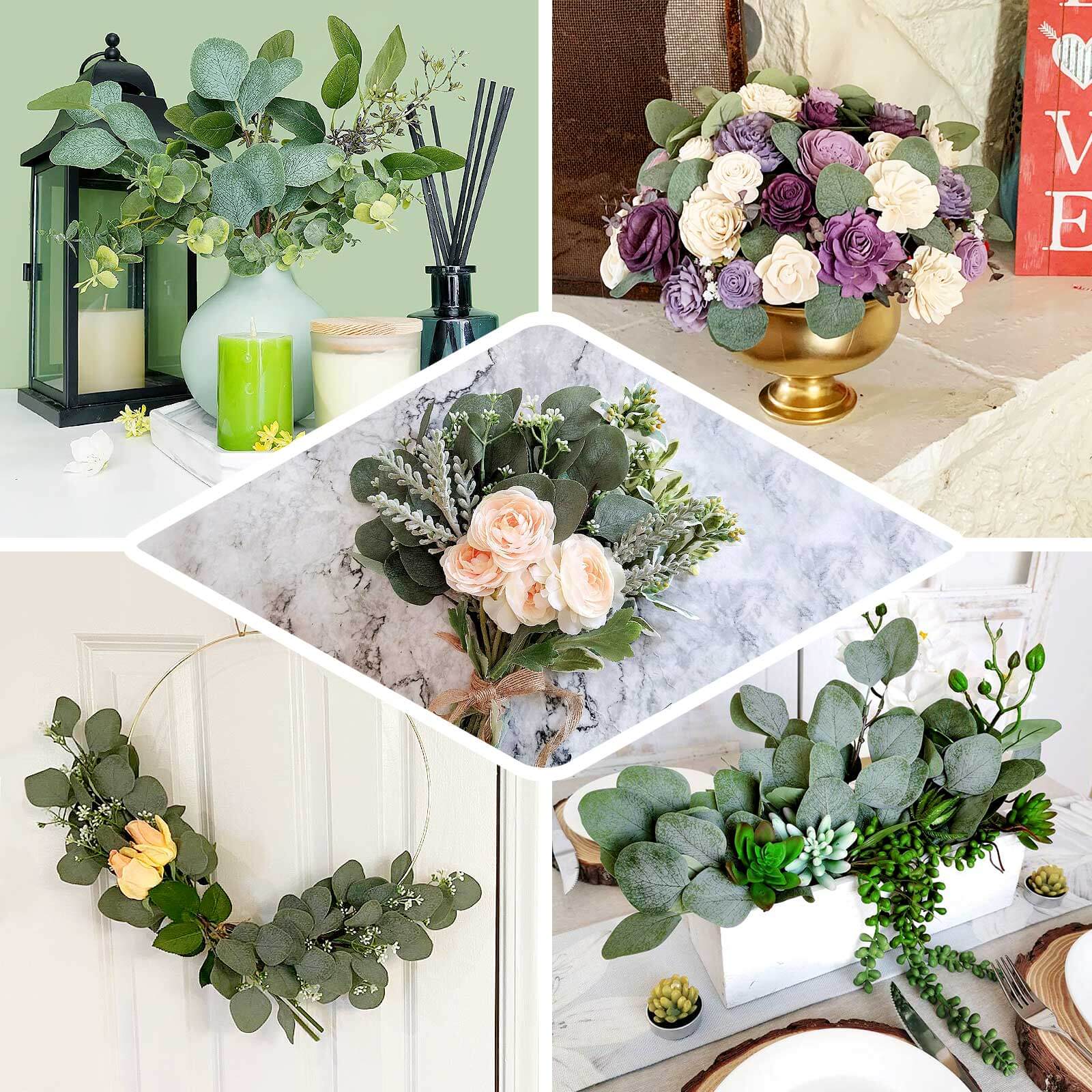 14 Stems Real Touch 12" Artificial Eucalyptus Leaf Flower Bouquet, Faux Silver Dollar Branches, Vase Floral Arrangement