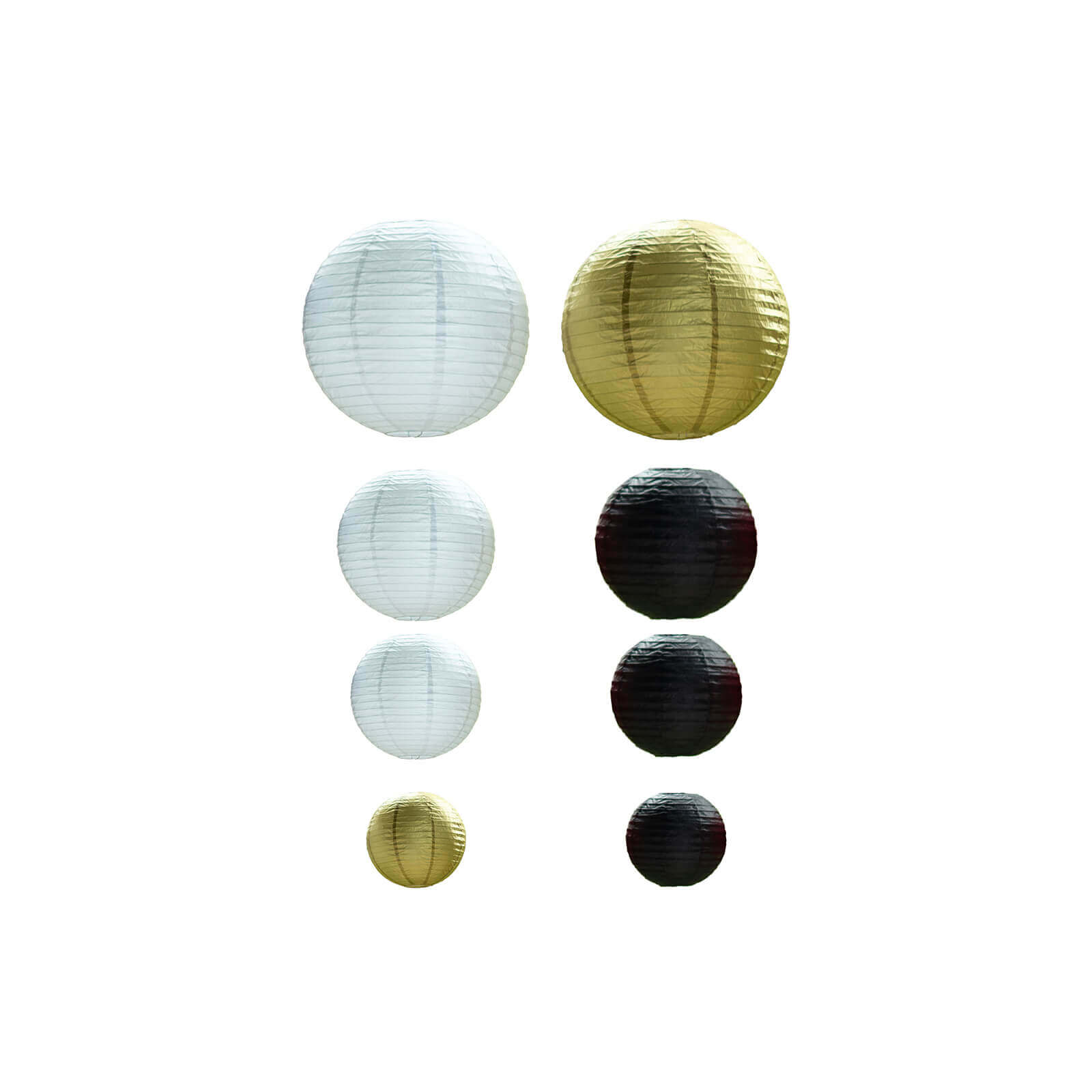 Set of 8 Mixed Black Gold Hanging Paper Lanterns, Decorative Round Chinese Sky Lanterns, Assorted Sizes - 6",8",10",14"