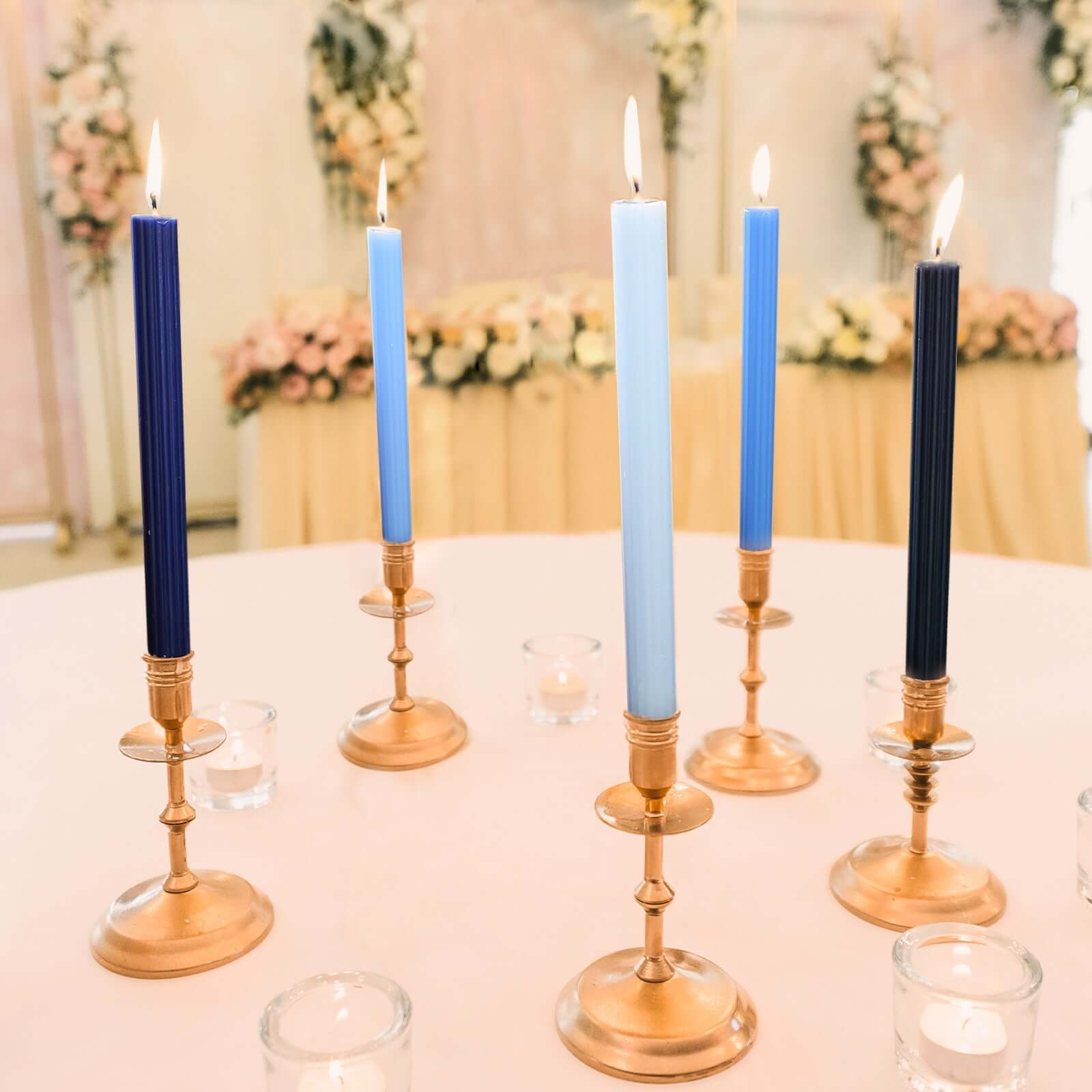 5-Pack Taper Candles Ribbed Wick Ribbon Wax Design Assorted Blue - Premium Unscented Dinner Candles 9"