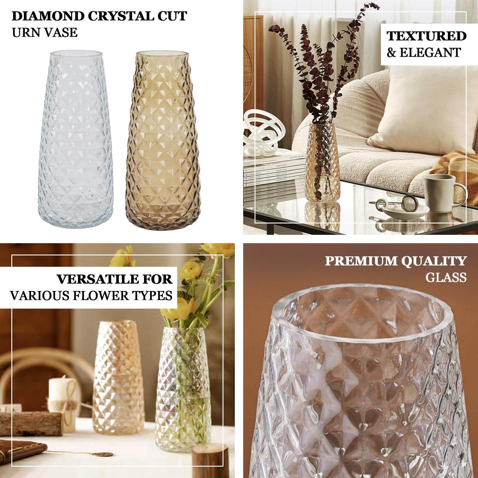 6-Pack Glass Urn Vases Clear with Diamond Crystal Cut Pattern - Stylish Decorative Design for Event Decor 8.5"