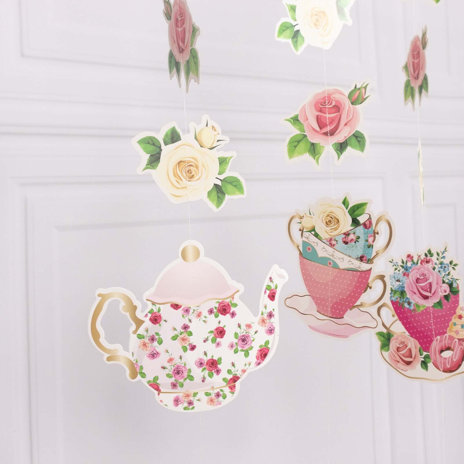 8 Pack Double Sided Floral Tea Party Paper Garland, 40" Pre-Assembled Mixed Teapot Banner Hanging Decorations