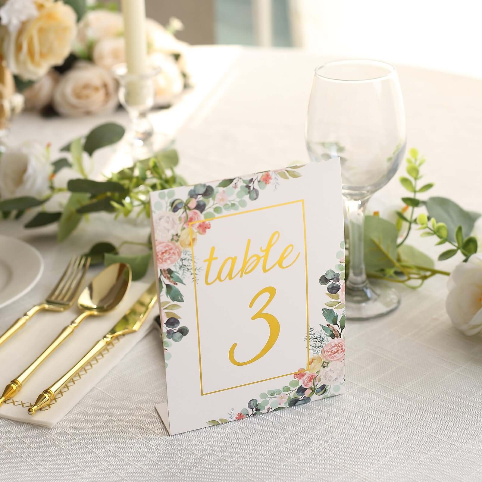 25-Pack Paper Wedding Table Numbers 1-25 White Peony Flower Design - Free Standing Double Sided Table Signs with Glam Gold Foil Numbers 7"