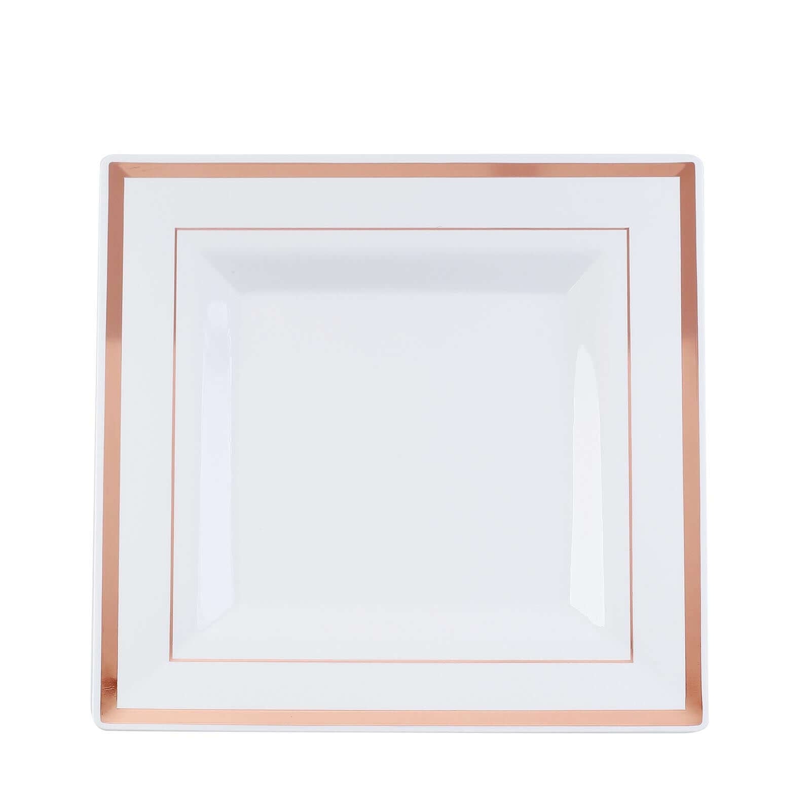 10-Pack Plastic Dinner Plates White Square with Rose Gold Trim - Lightweight Disposable Plates for Events 10"
