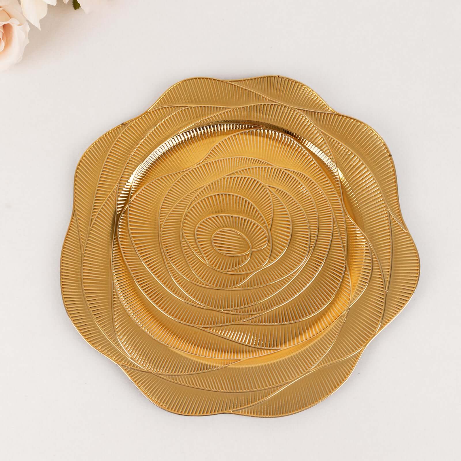 6-Pack Acrylic Round Charger Plates 13" in Metallic Gold with Ribbed Rose Pattern, Event Tabletop Decorative Charger Tableware