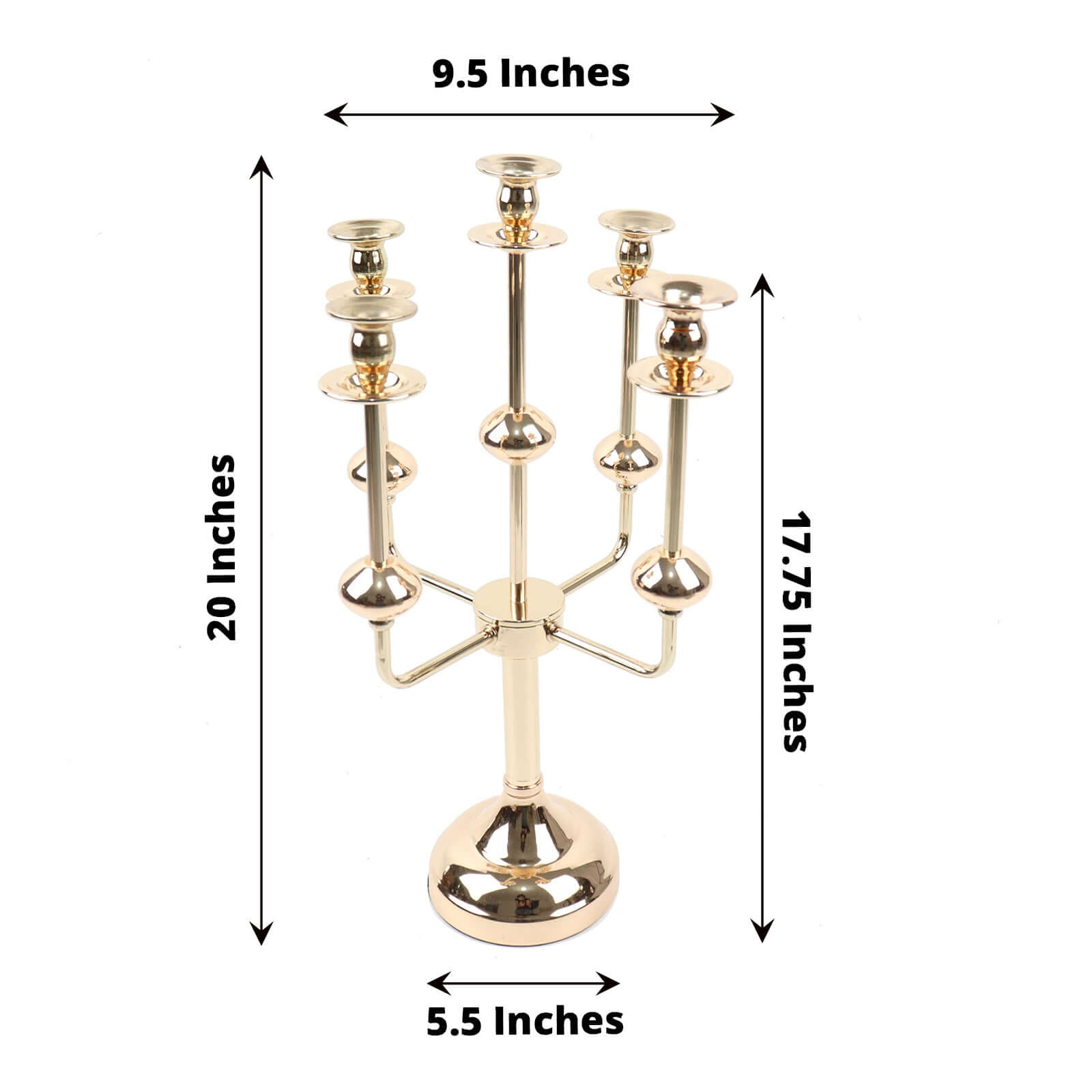 5-Arm Taper Candelabra Wedding Candle Holder Gold Metal Table Display - Perfect for Events 20"