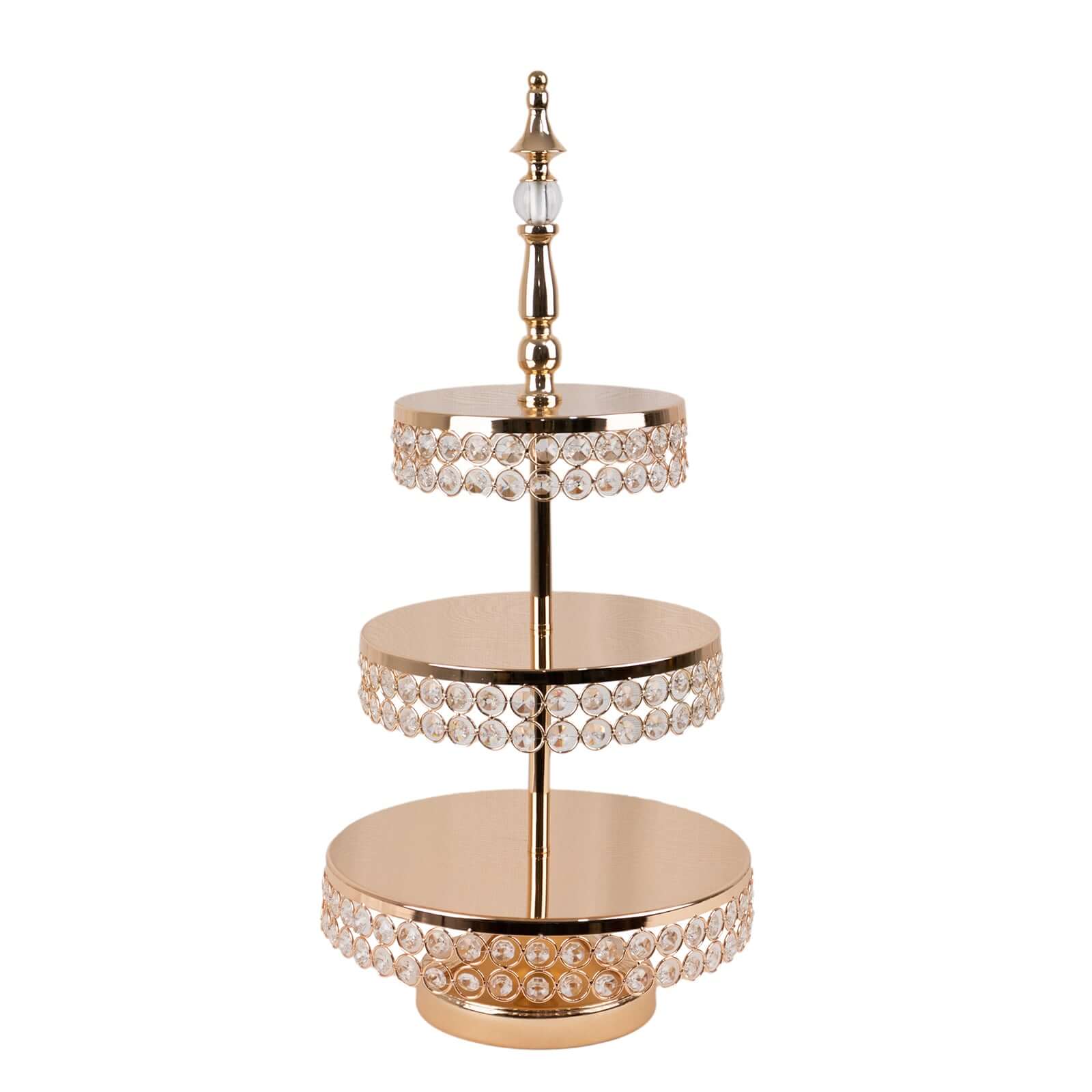 3-Tier Cake Stand Crystal Beaded Gold with Round Mirror Top - Metal Cupcake Tower Dessert Display 26"