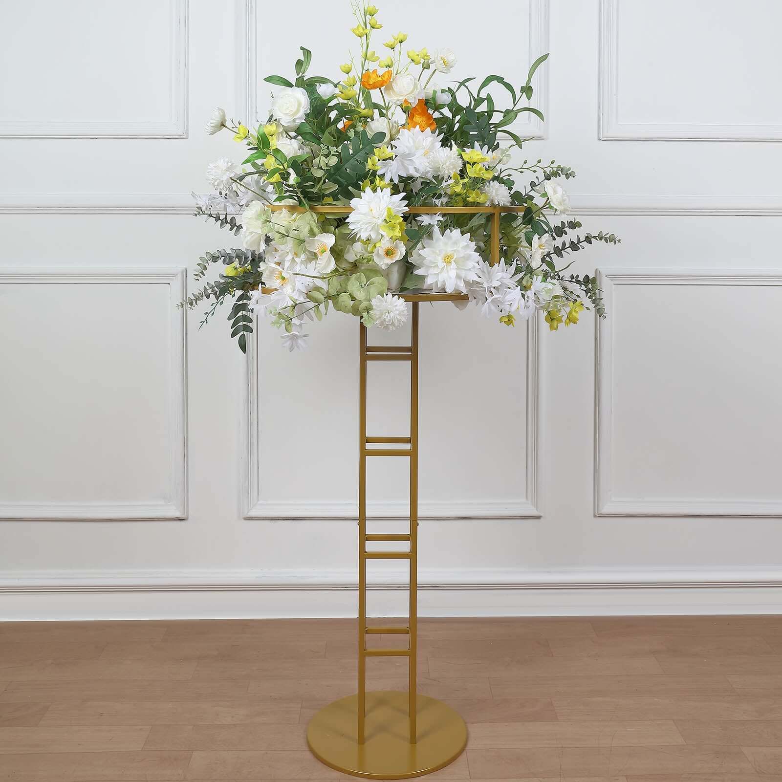 Metal Wedding Centerpiece Open Frame Design Gold - Grand Halo Top Floral Riser Pedestal 46"