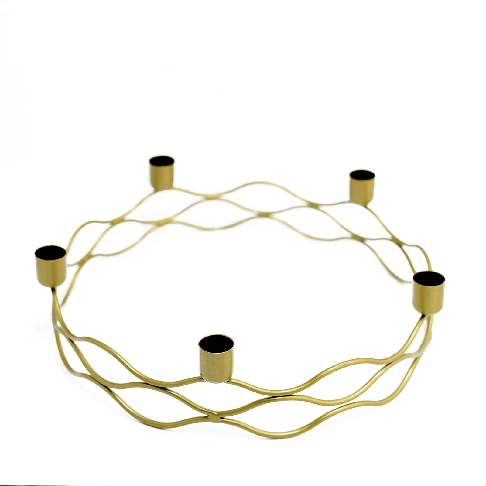 Round Wreath Taper Candelabra 5 Arm Gold Metal Decorative Centerpiece - Tabletop Candle Holder 12"