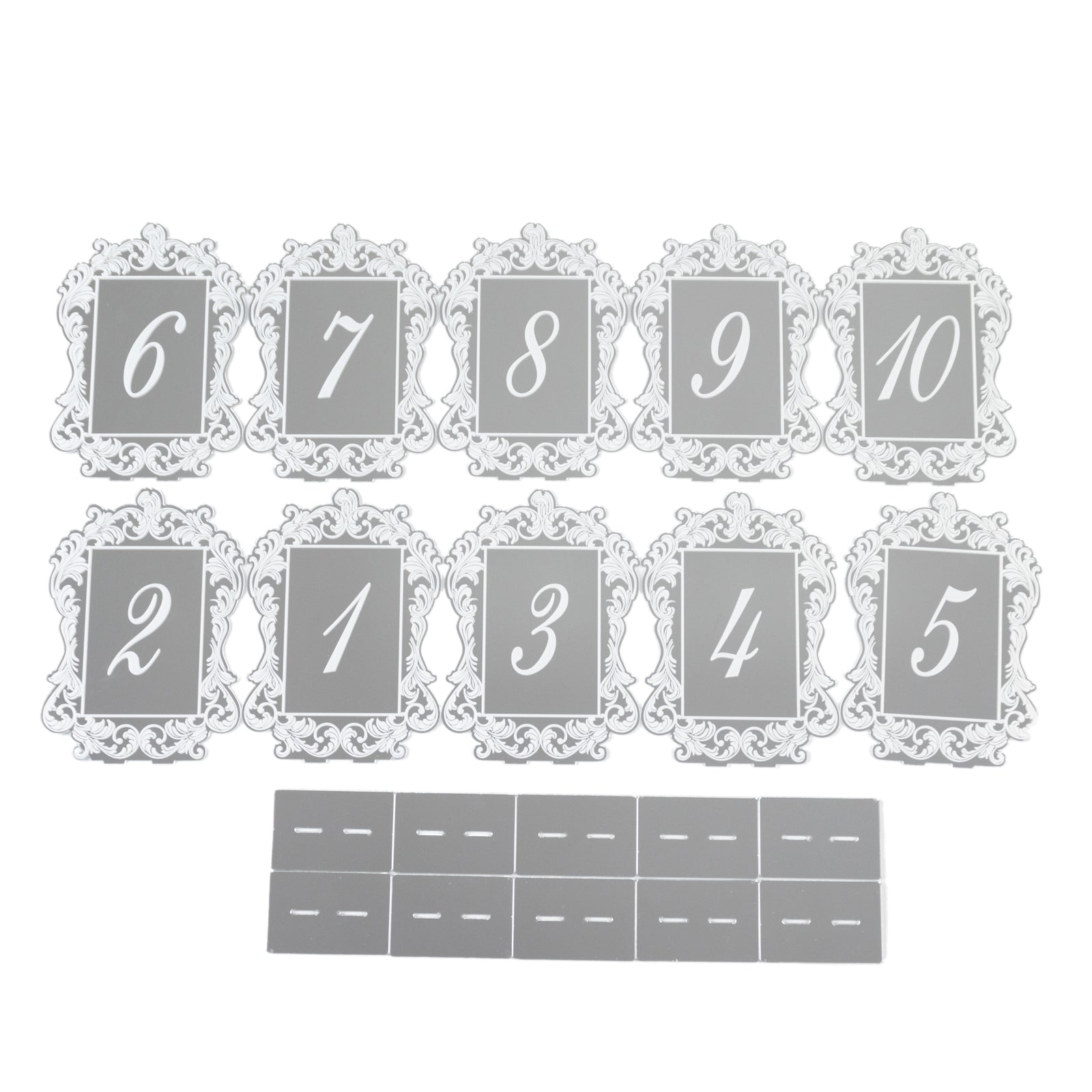 Silver Mirror Arch Acrylic Table Numbers (1-10) - 5"x7" Wedding Reception Signs with Baroque Lace Border, White Print & Stands