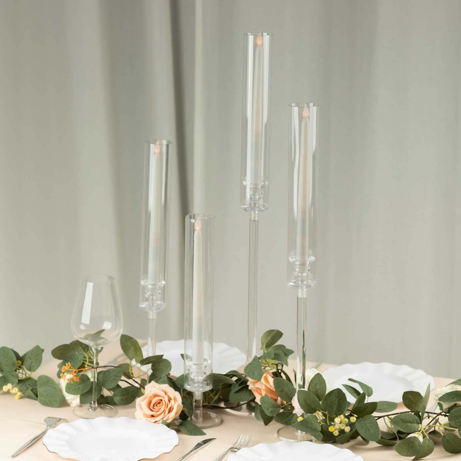Set of 4 Acrylic Taper Candlestick Holders, Clear Tall Chimney Tube Candle Shades Hurricane Candle Stands 14", 18", 22", 26"