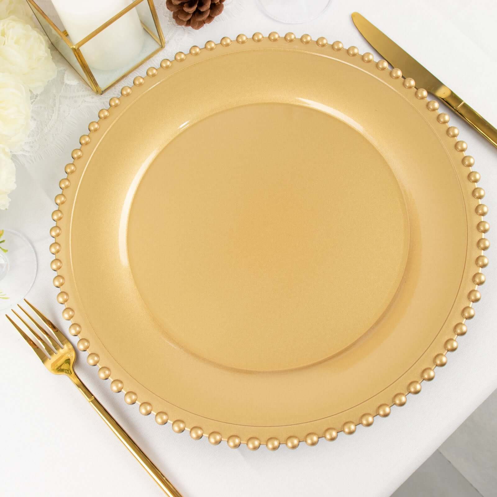6-Pack Acrylic Round Charger Plates 13" in Gold with Beaded Rim, Decorative Dinner Party Charger Tableware