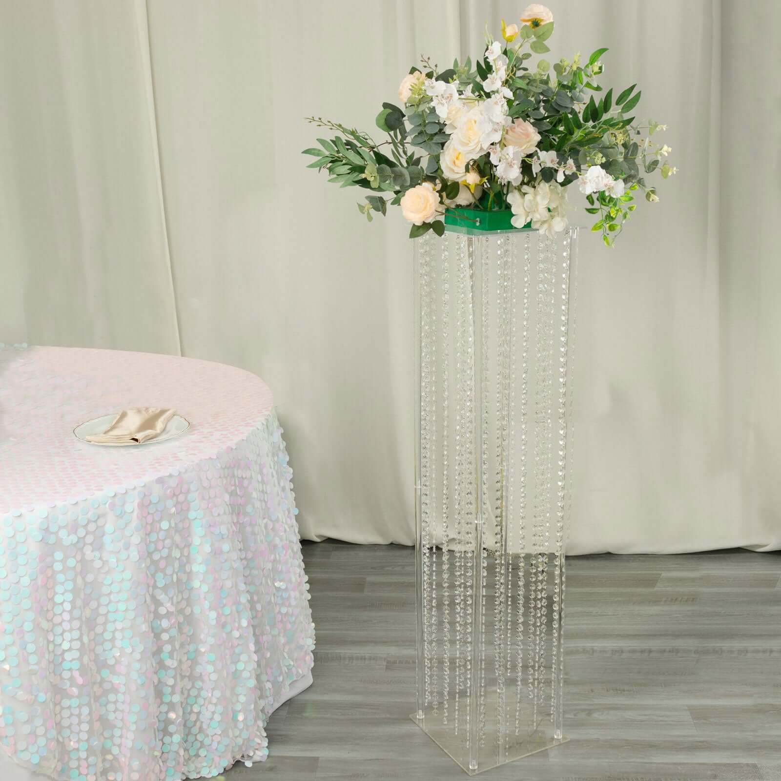 Acrylic Flower Pedestal Vase Pillar Stand with Crystal Beads Clear - Durable Wedding Floor Centerpiece for Large Displays 48"