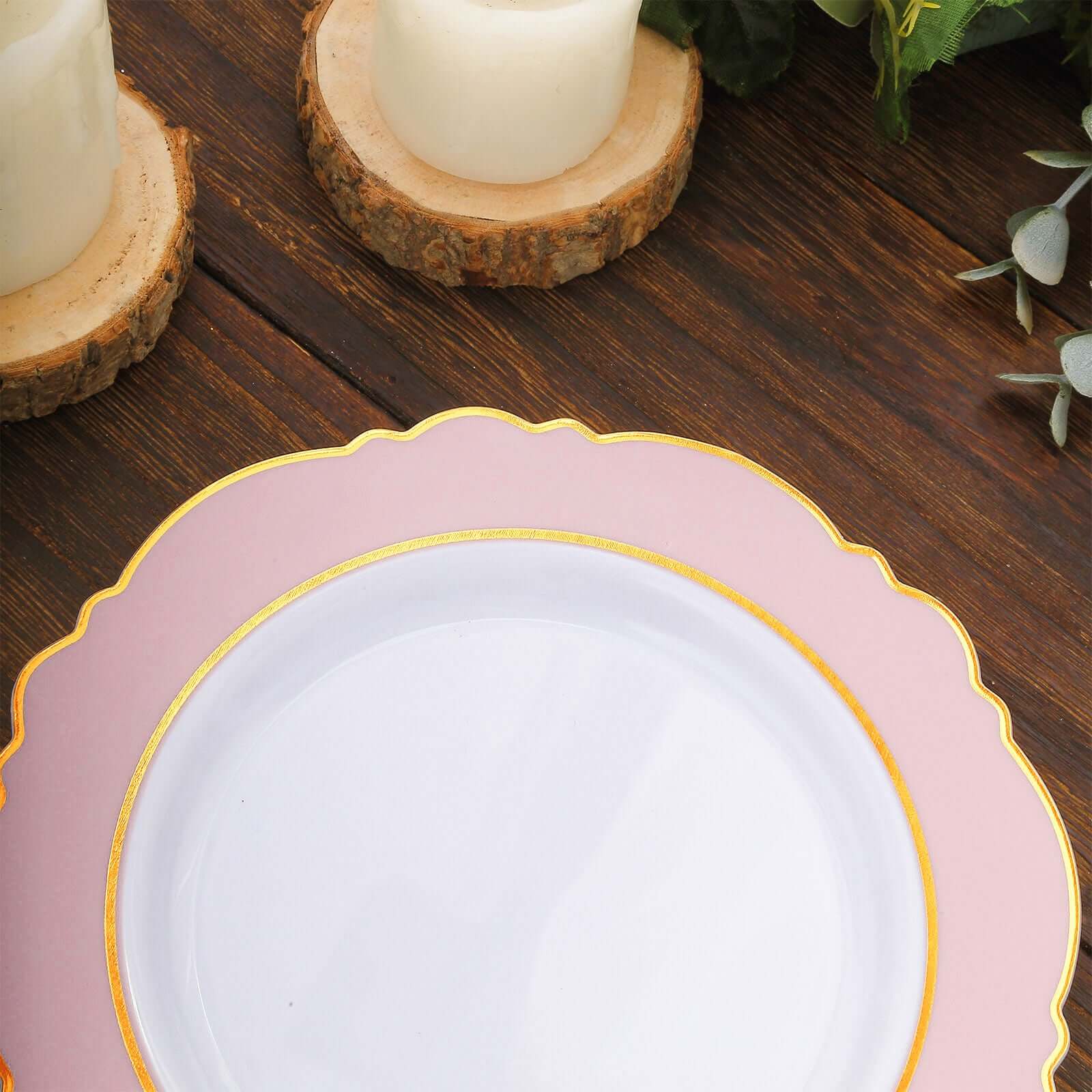 10-Pack Plastic 8" Round Dessert Plates in White with Blush Blossom Design & Gold Edging - Disposable Salad Appetizer Plates