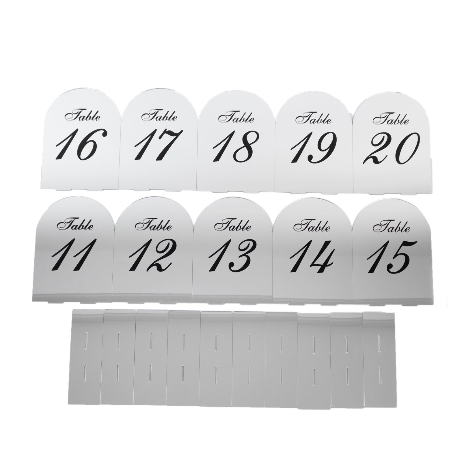 Silver Mirror Arch Acrylic Table Numbers (11-20) - 6"x7" Wedding Reception Signs with Black Print & Stands