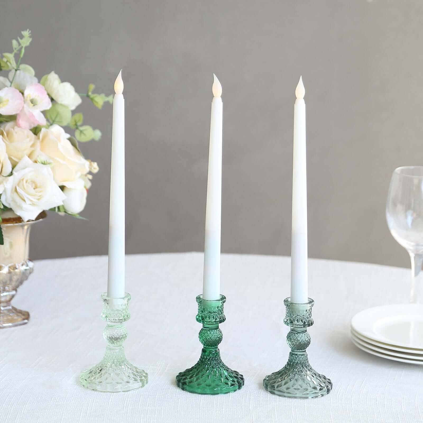 6-Pack Glass Taper Candlestick Holders Diamond Pattern Design Assorted Green - Reversible Crystal Pillar Votive Stands 4"