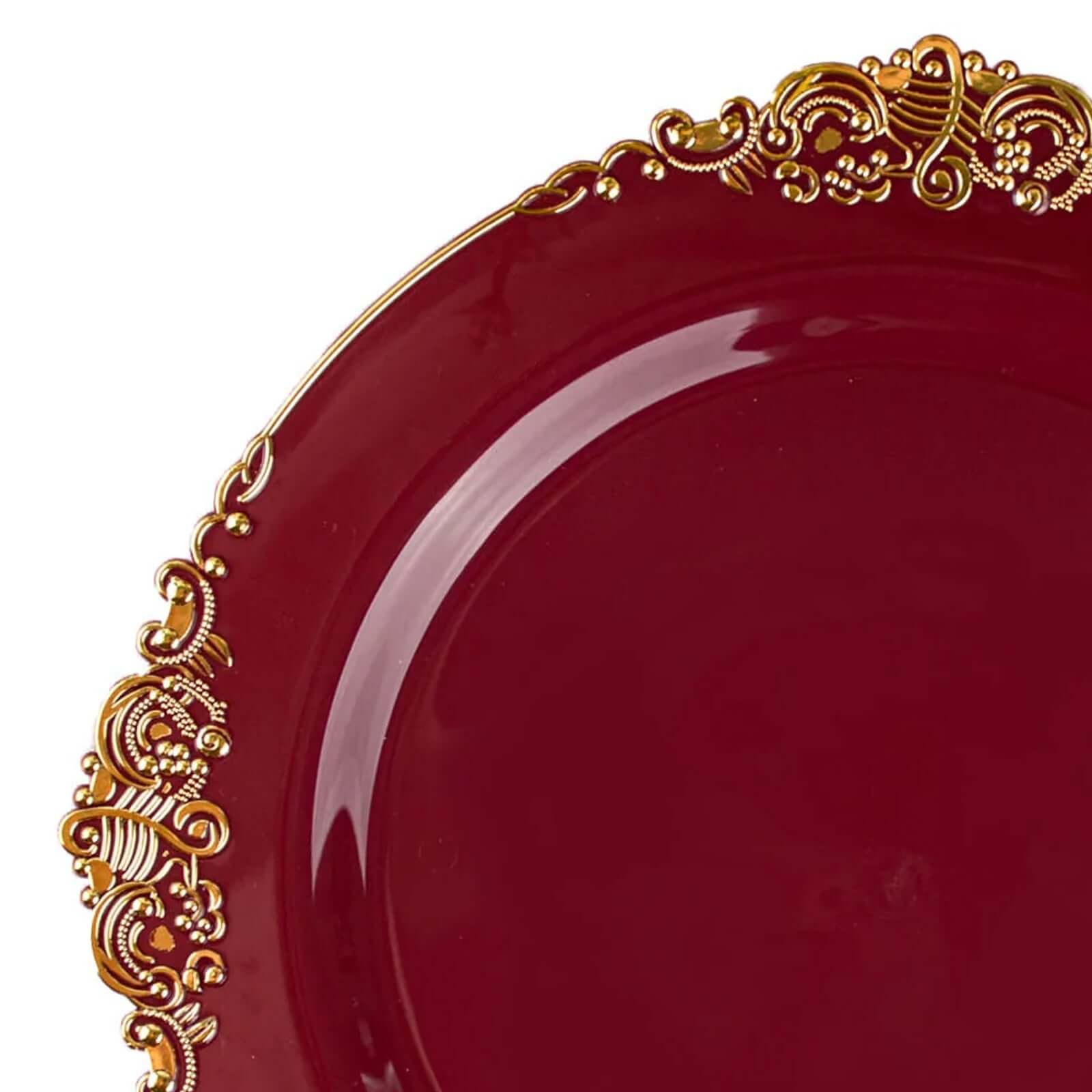 10-Pack Plastic 10" Round Dinner Plates in Burgundy with Gold Leaf Embossed Rim - Disposable Vintage Baroque Style Plates