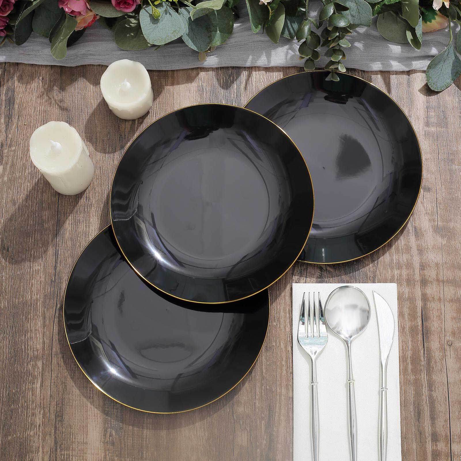 10-Pack Plastic 8" Round Dessert Plates in Black with Gold Rim - Glossy Disposable Appetizer Salad Plates