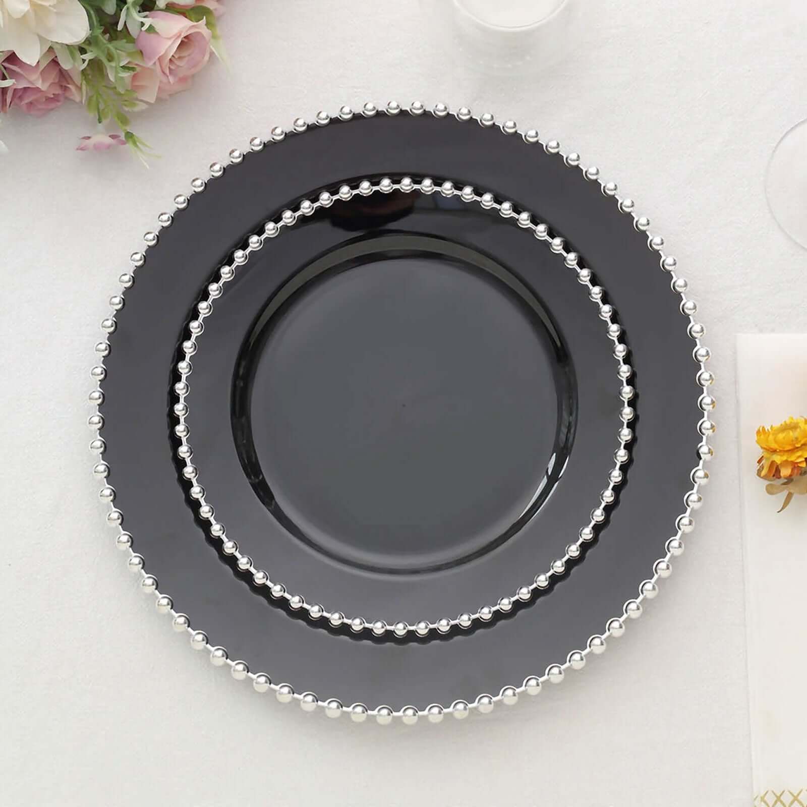10-Pack Black Plastic Dessert Plates – 8" Round with Silver Beaded Rim, Disposable for Parties & Events