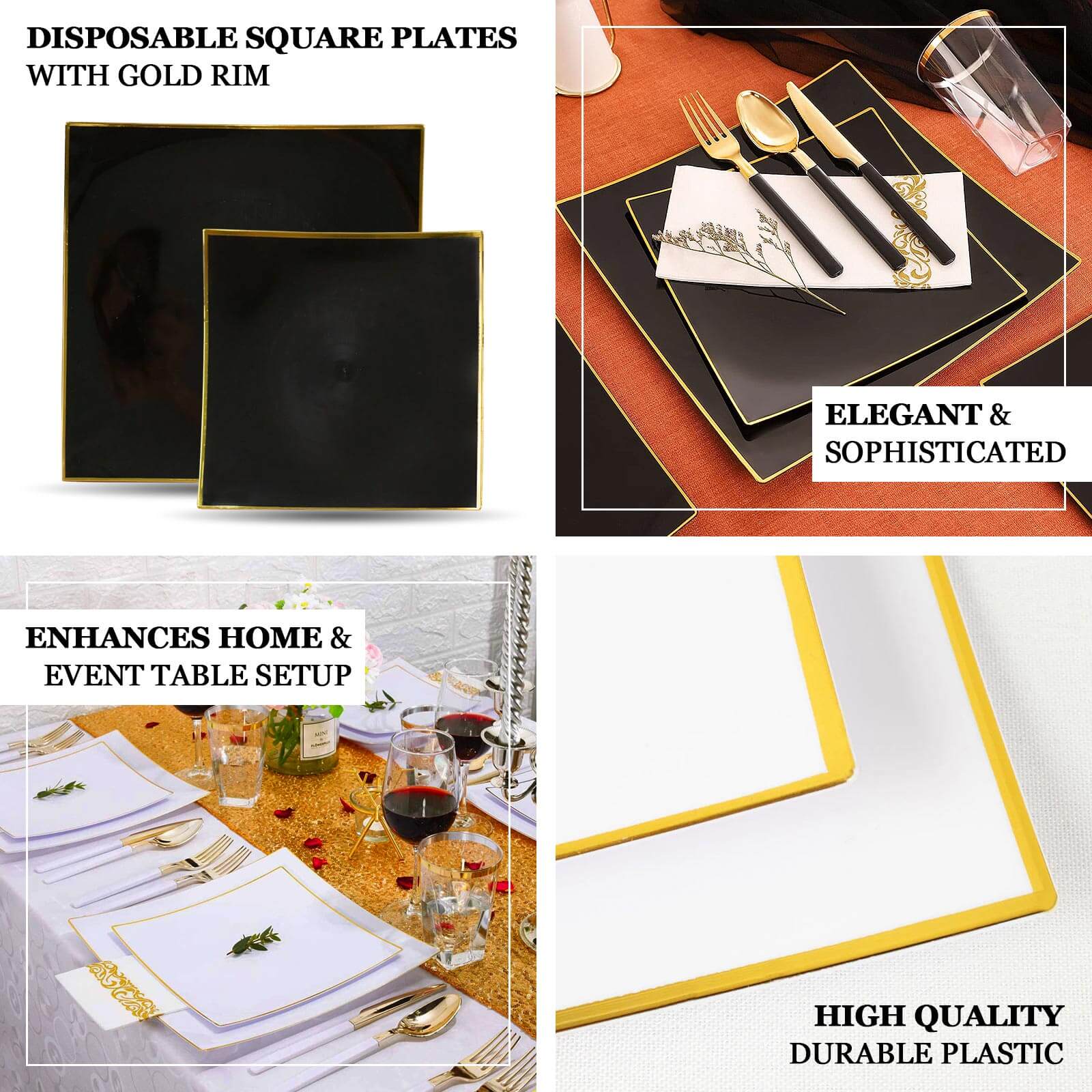 10-Pack Plastic 10" Square Dinner Plates in Black Concave Style with Gold Rim - Modern Disposable Party Plates
