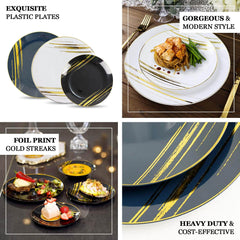 10-Pack Plastic 7" Round Dessert Plates in Black with Gold Brush Stroked Print - Disposable Appetizer Salad Plates for Modern Themed Events & Banquets
