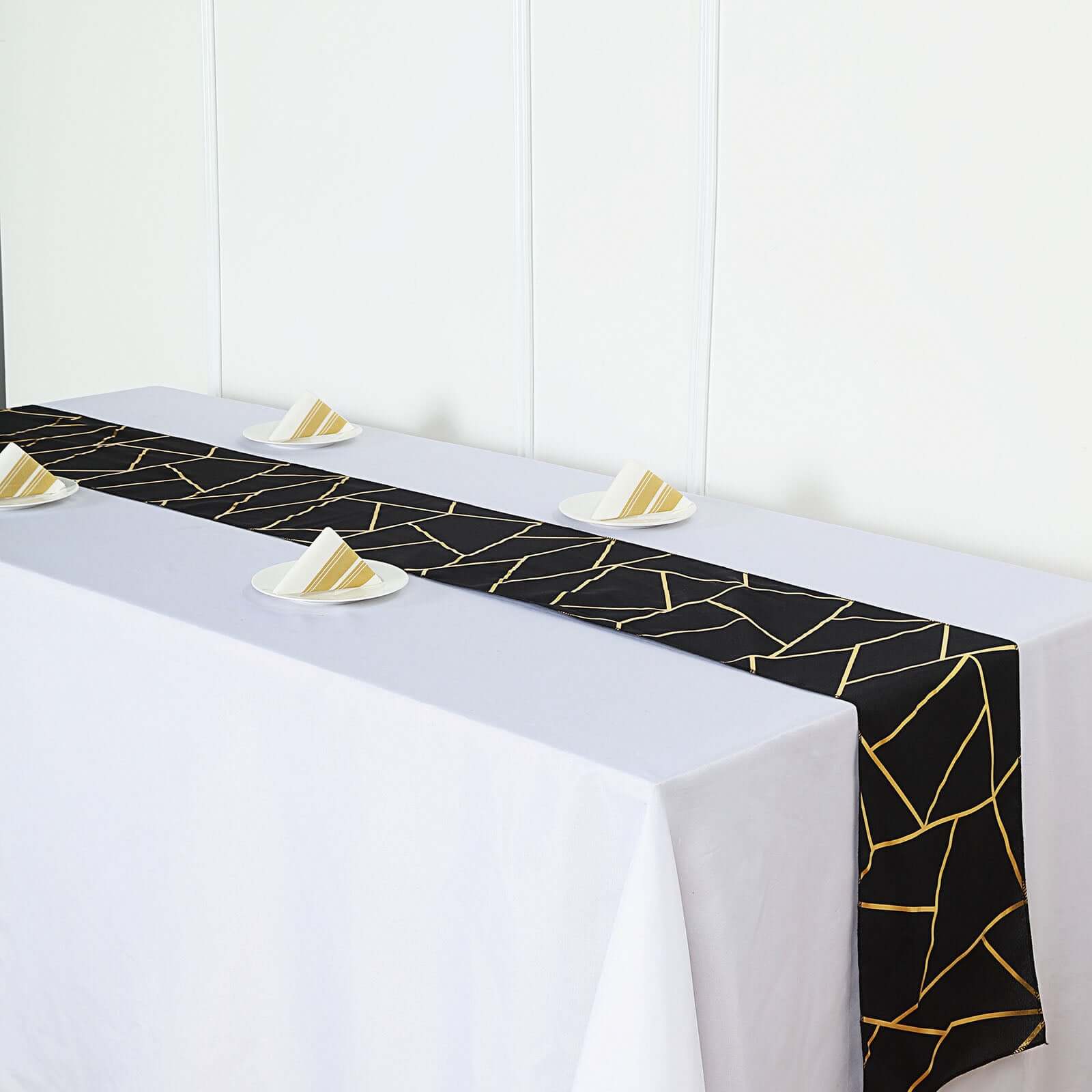 Polyester 9ft Table Runner Black with Gold Foil Modern Geometric Accent