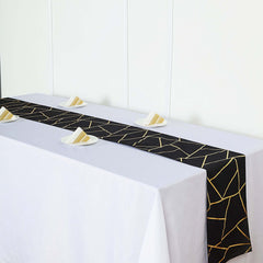 Polyester 9ft Table Runner Black with Gold Foil Modern Geometric Accent